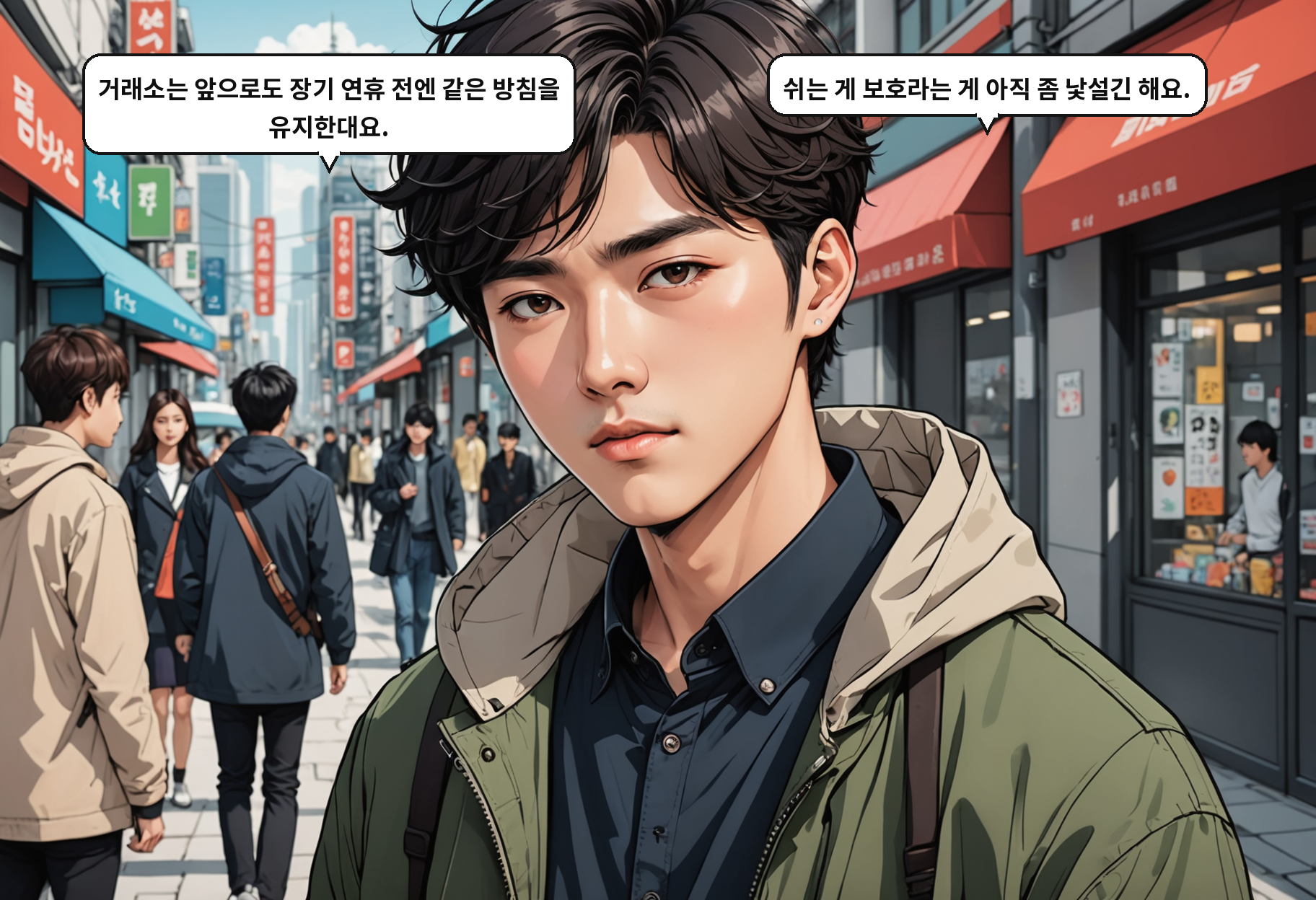 A: 거래소는 앞으로도 장기 연휴 전엔 같은 방침을 유지한대요. B: 쉬는 게 보호라는 게 아직 좀 낯설긴 해요.