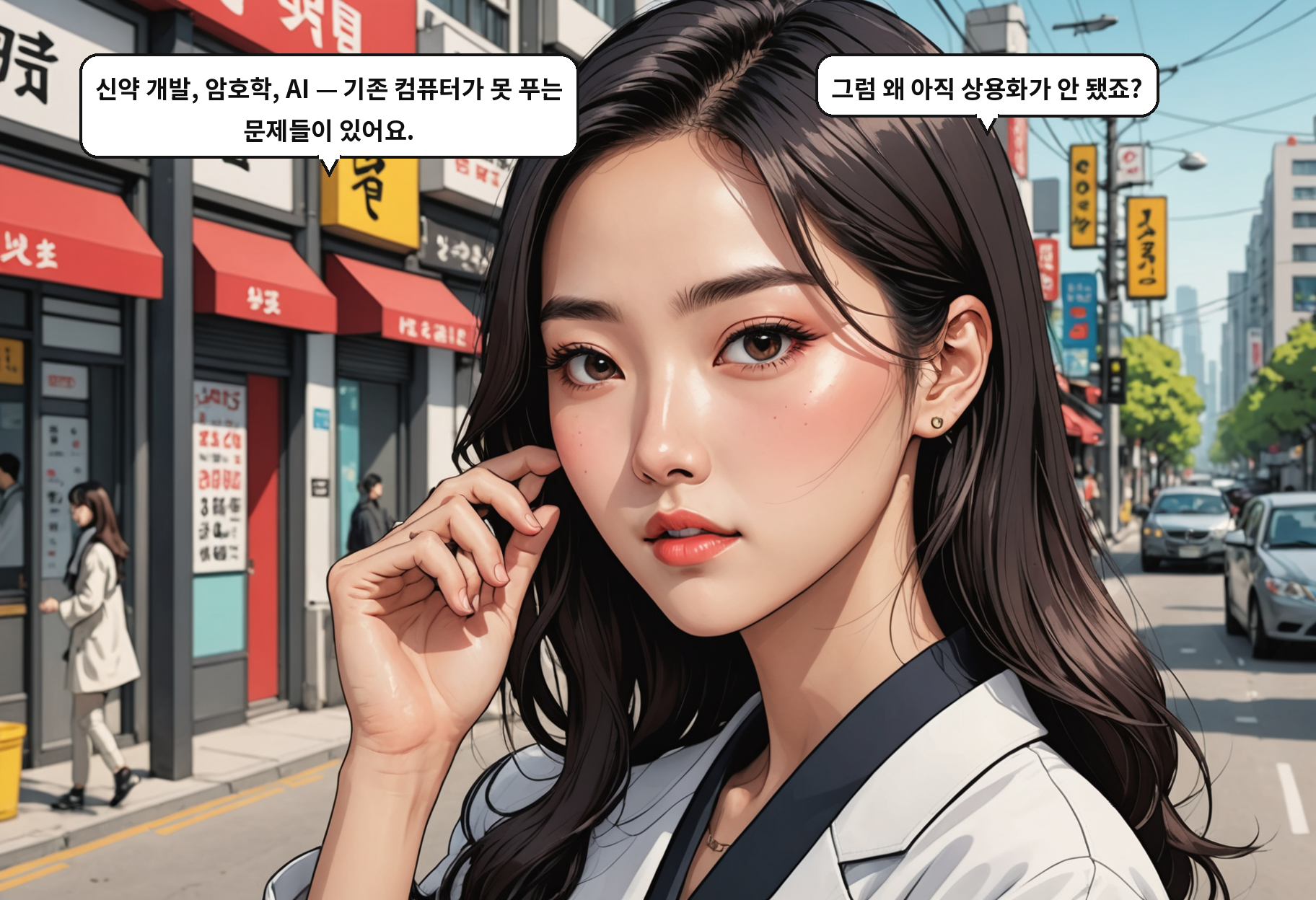 B: 신약 개발, 암호학, AI — 기존 컴퓨터가 못 푸는 문제들이 있어요. A: 그럼 왜 아직 상용화가 안 됐죠?