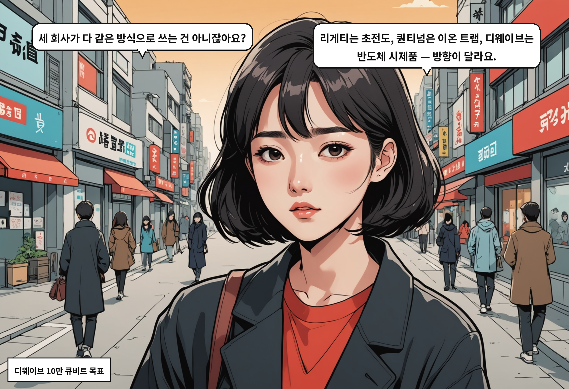 A: 세 회사가 다 같은 방식으로 쓰는 건 아니잖아요? B: 리게티는 초전도, 퀀티넘은 이온 트랩, 디웨이브는 반도체 시제품 — 방향이 달라요.