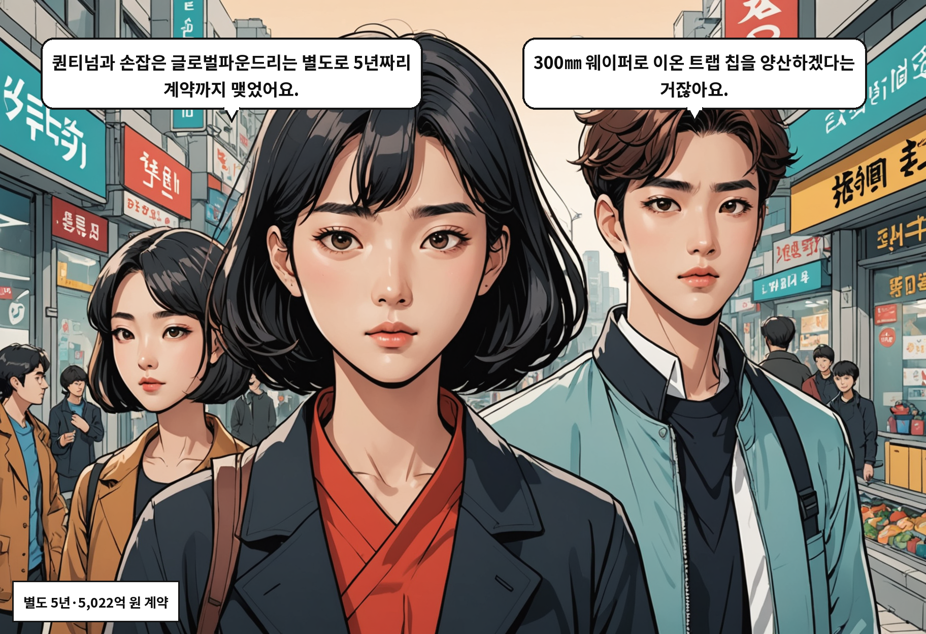 B: 퀀티넘과 손잡은 글로벌파운드리는 별도로 5년짜리 계약까지 맺었어요. A: 300㎜ 웨이퍼로 이온 트랩 칩을 양산하겠다는 거잖아요.