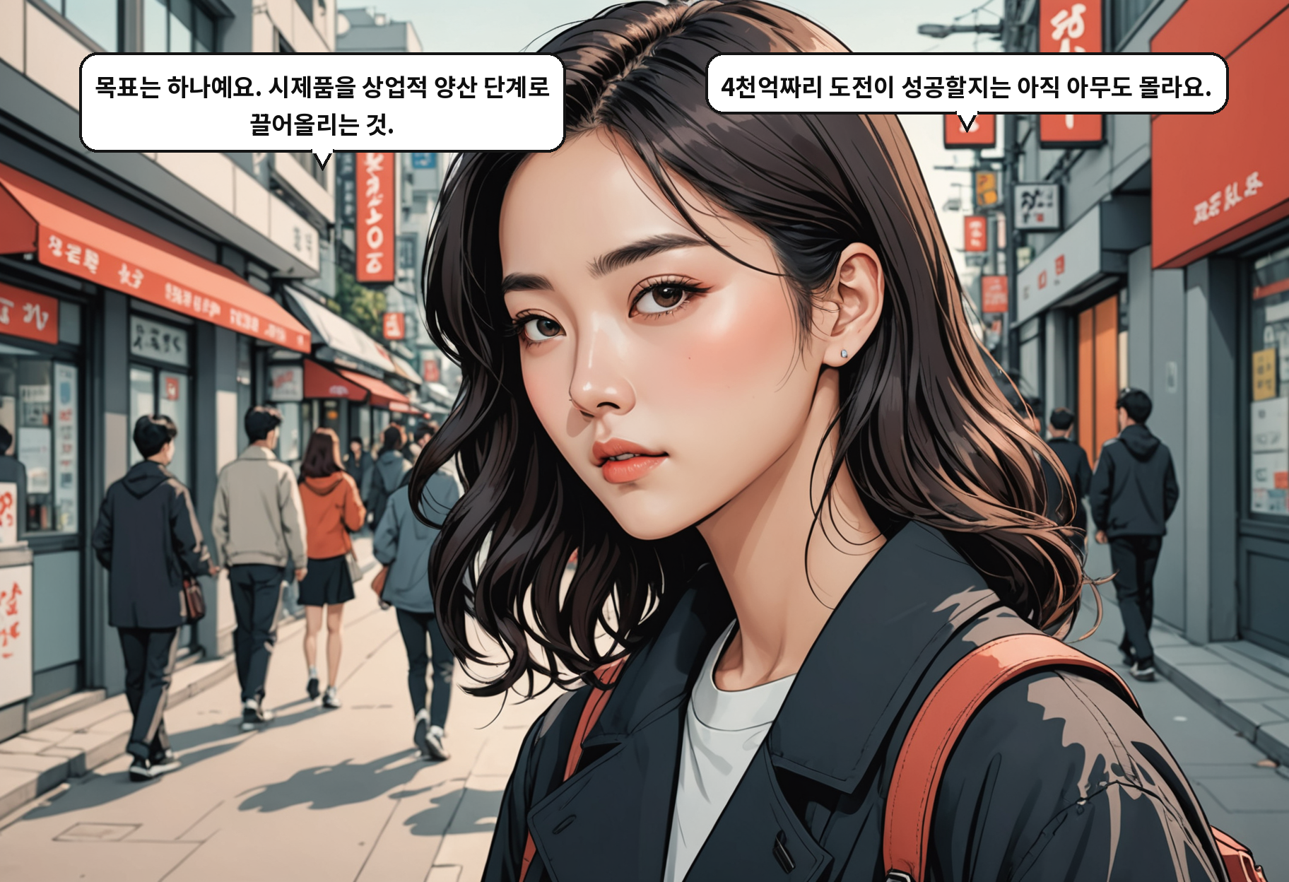 B: 목표는 하나예요. 시제품을 상업적 양산 단계로 끌어올리는 것. A: 4천억짜리 도전이 성공할지는 아직 아무도 몰라요.