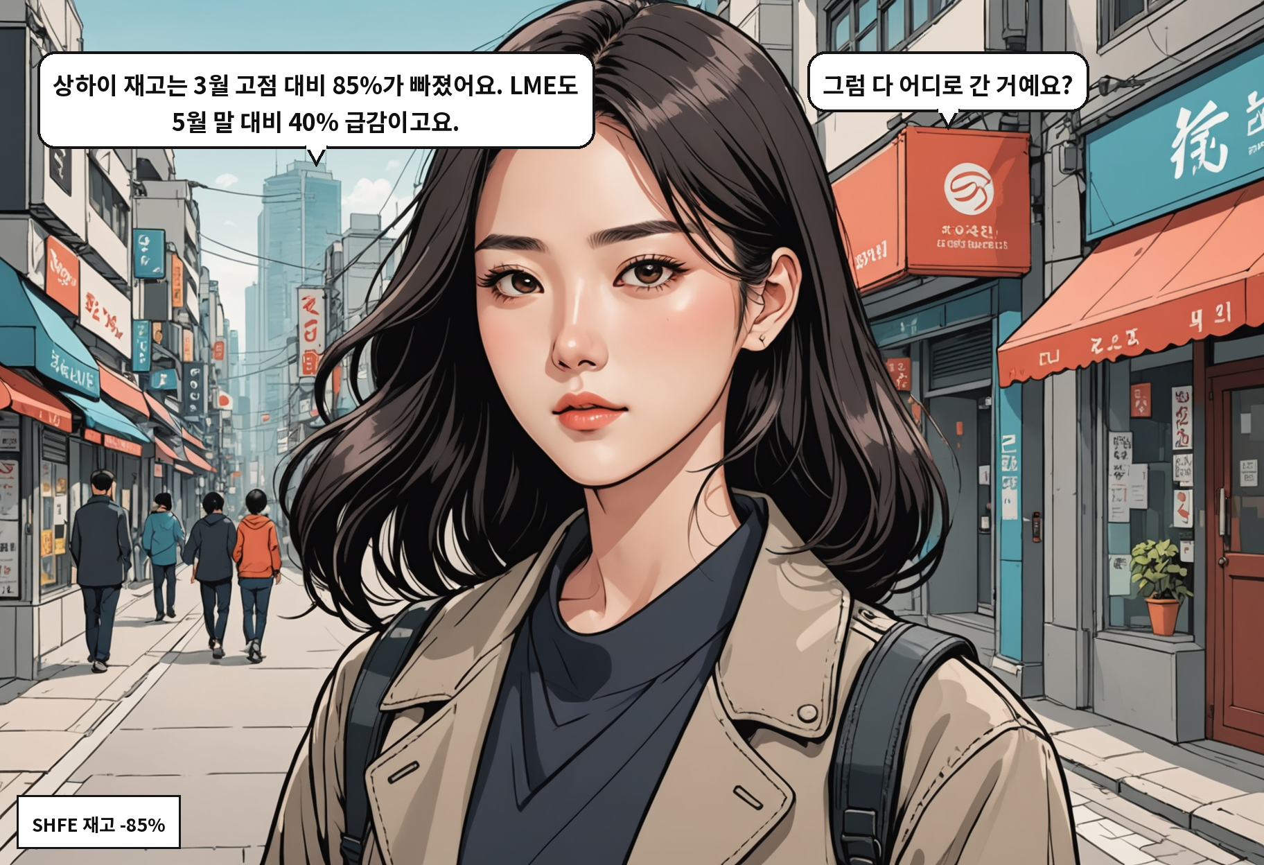 A: 상하이 재고는 3월 고점 대비 85%가 빠졌어요. LME도 5월 말 대비 40% 급감이고요. B: 그럼 다 어디로 간 거예요?