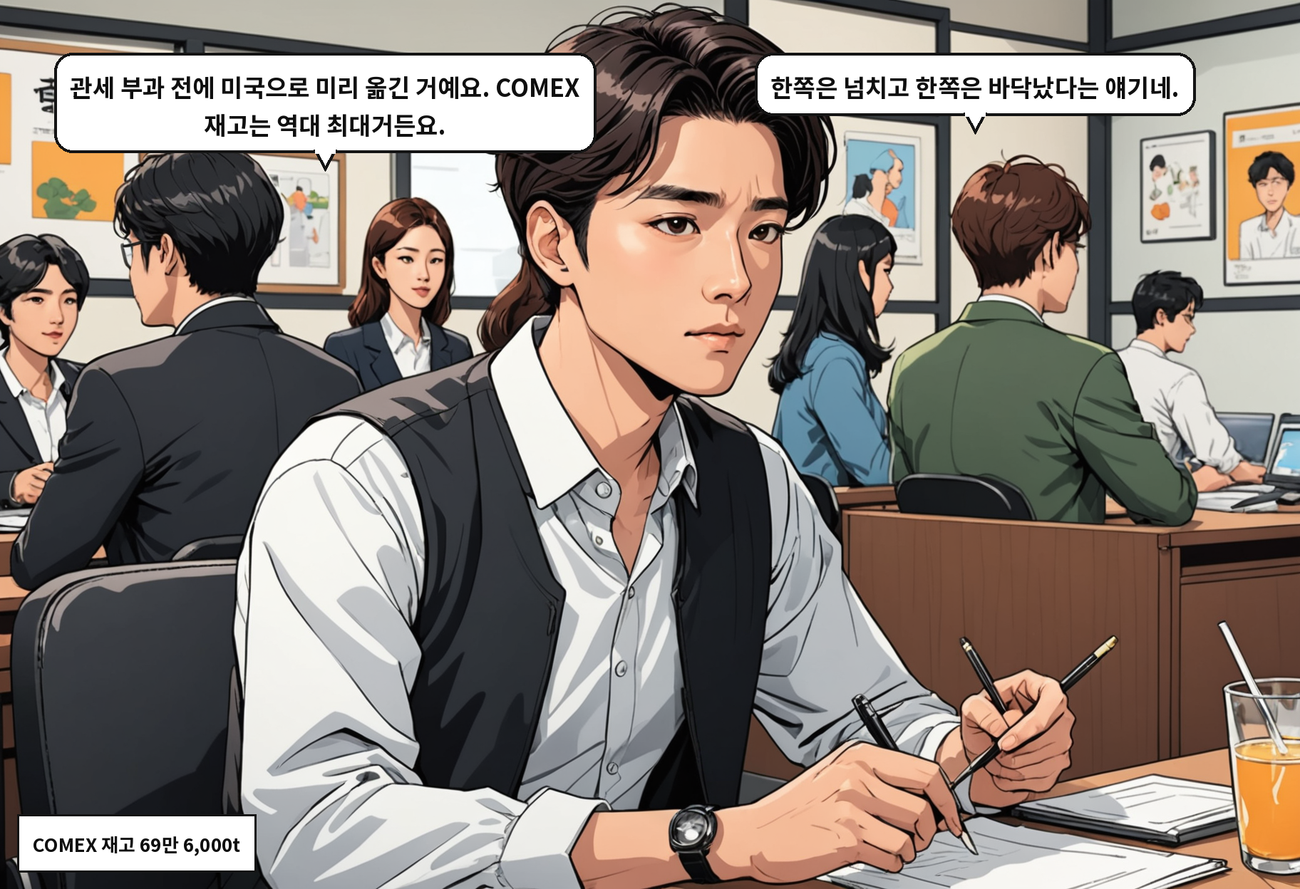 A: 관세 부과 전에 미국으로 미리 옮긴 거예요. COMEX 재고는 역대 최대거든요. B: 한쪽은 넘치고 한쪽은 바닥났다는 얘기네.
