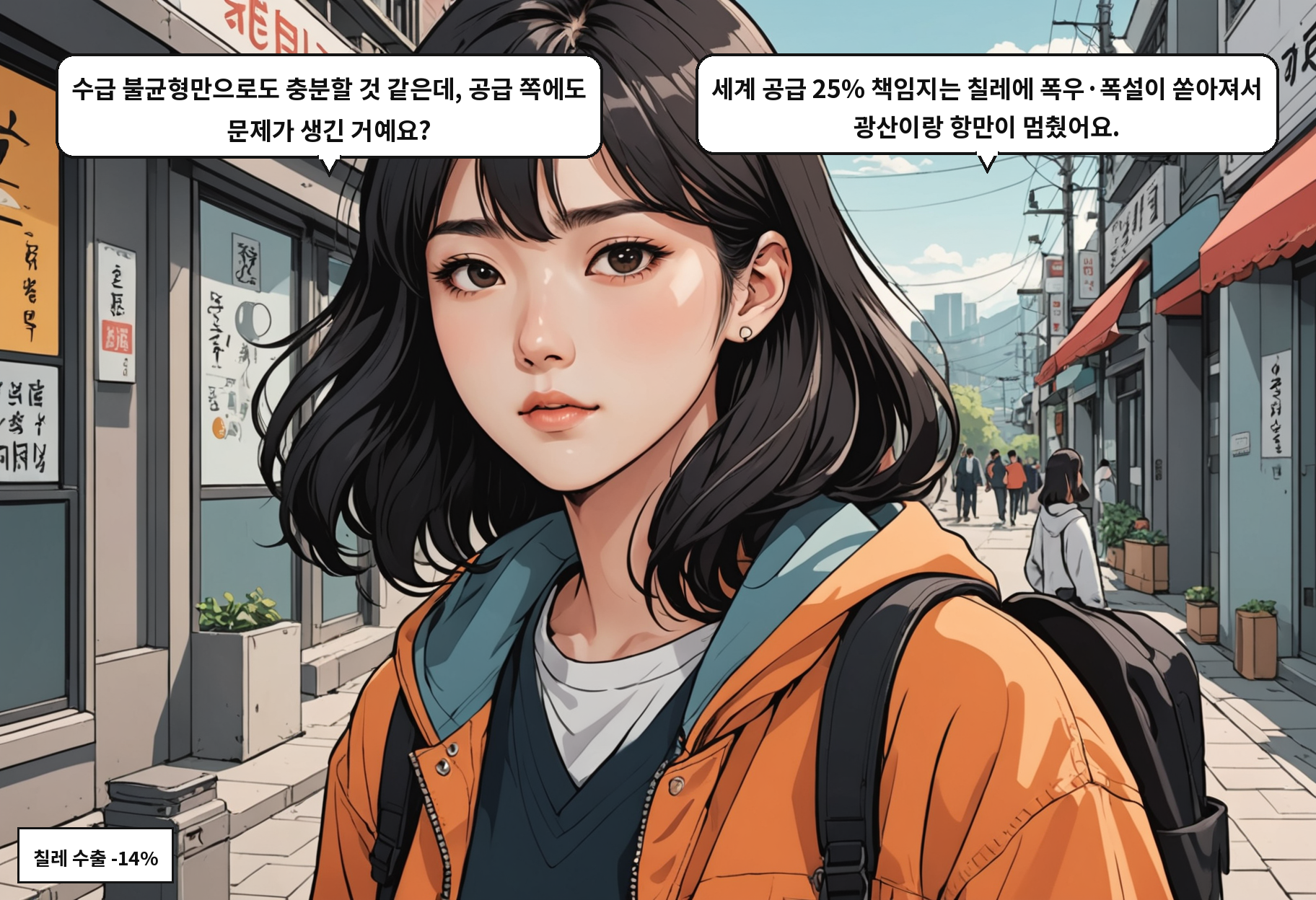B: 수급 불균형만으로도 충분할 것 같은데, 공급 쪽에도 문제가 생긴 거예요? A: 세계 공급 25% 책임지는 칠레에 폭우·폭설이 쏟아져서 광산이랑 항만이 멈췄어요.