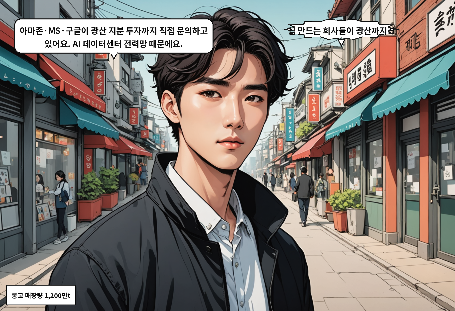 A: 아마존·MS·구글이 광산 지분 투자까지 직접 문의하고 있어요. AI 데이터센터 전력망 때문에요. B: 칩 만드는 회사들이 광산까지?!