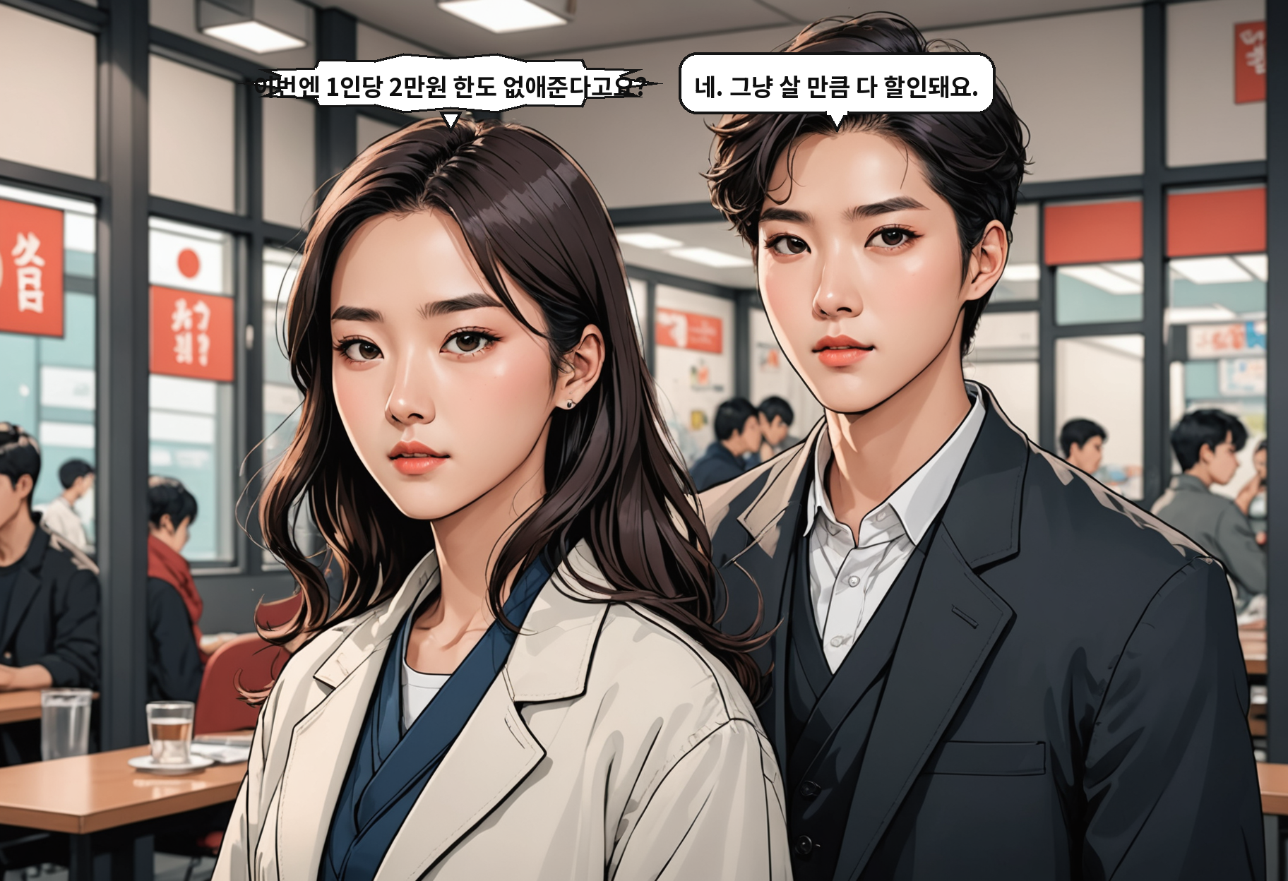 A: 이번엔 1인당 2만원 한도 없애준다고요? B: 네. 그냥 살 만큼 다 할인돼요.