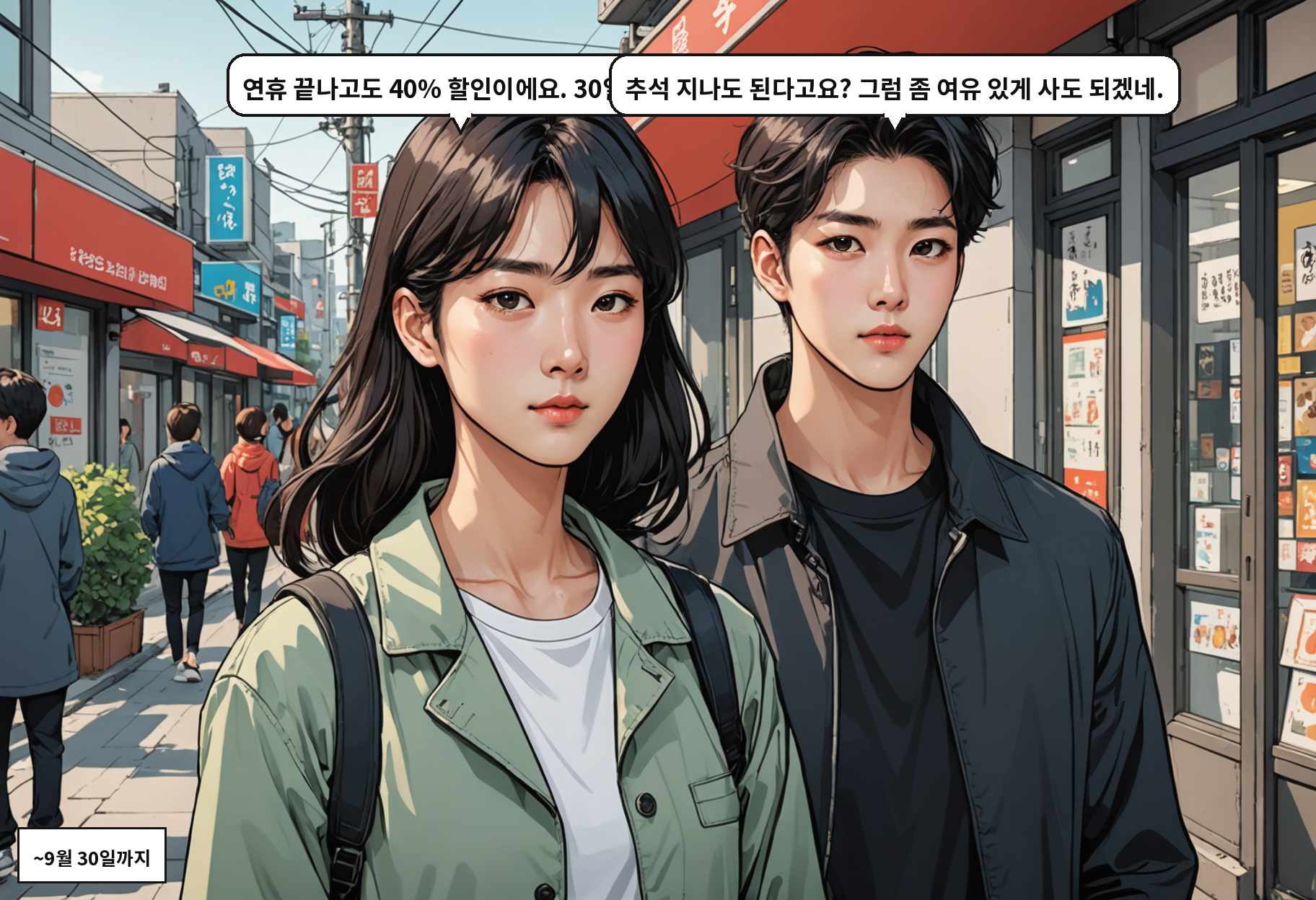 B: 연휴 끝나고도 40% 할인이에요. 30일까지. A: 추석 지나도 된다고요? 그럼 좀 여유 있게 사도 되겠네.