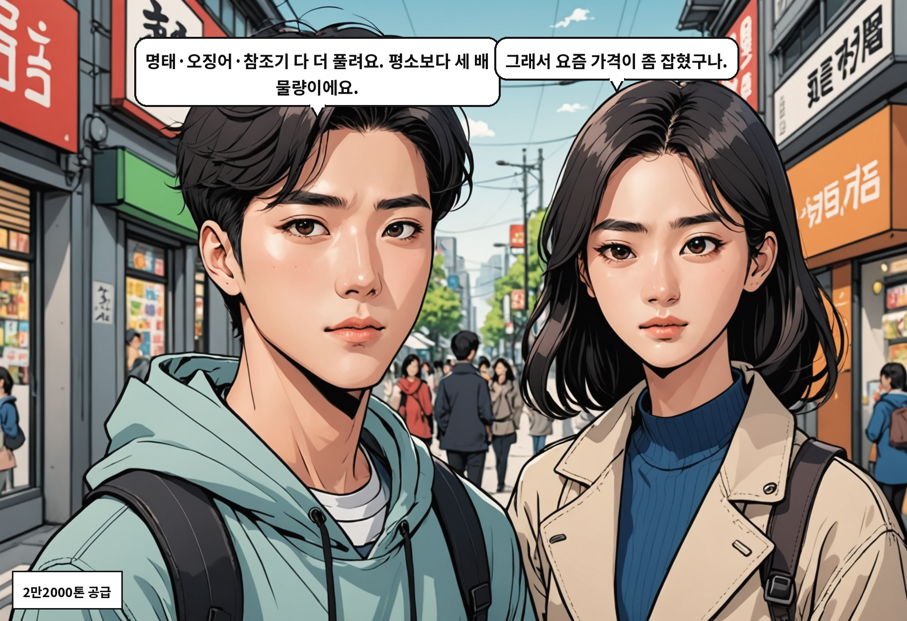 B: 명태·오징어·참조기 다 더 풀려요. 평소보다 세 배 물량이에요. A: 그래서 요즘 가격이 좀 잡혔구나.