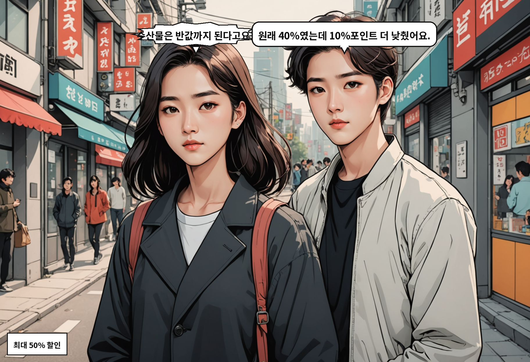 A: 수산물은 반값까지 된다고요? B: 원래 40%였는데 10%포인트 더 낮췄어요.