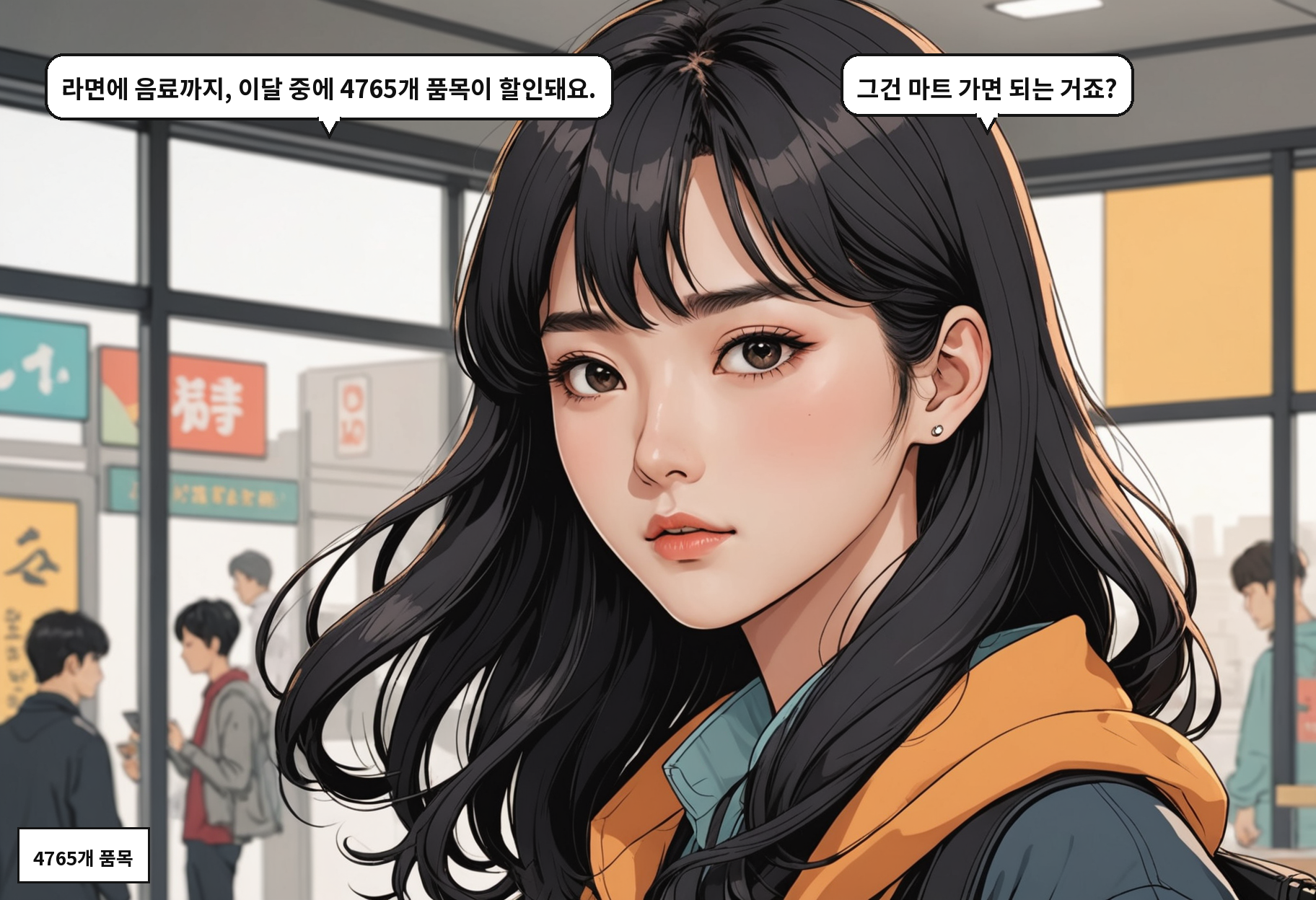 B: 라면에 음료까지, 이달 중에 4765개 품목이 할인돼요. A: 그건 마트 가면 되는 거죠?