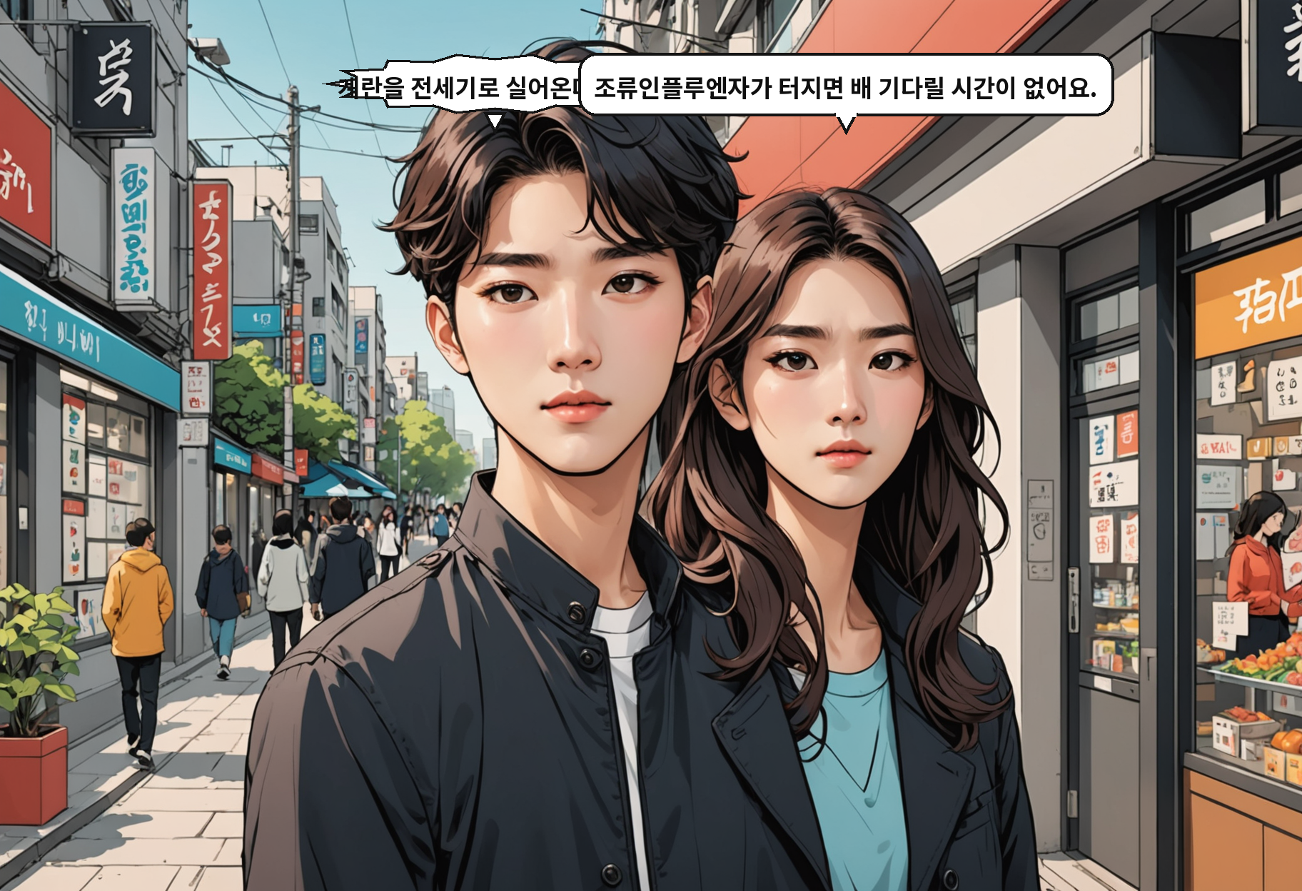 B: 계란을 전세기로 실어온다고요? A: 조류인플루엔자가 터지면 배 기다릴 시간이 없어요.