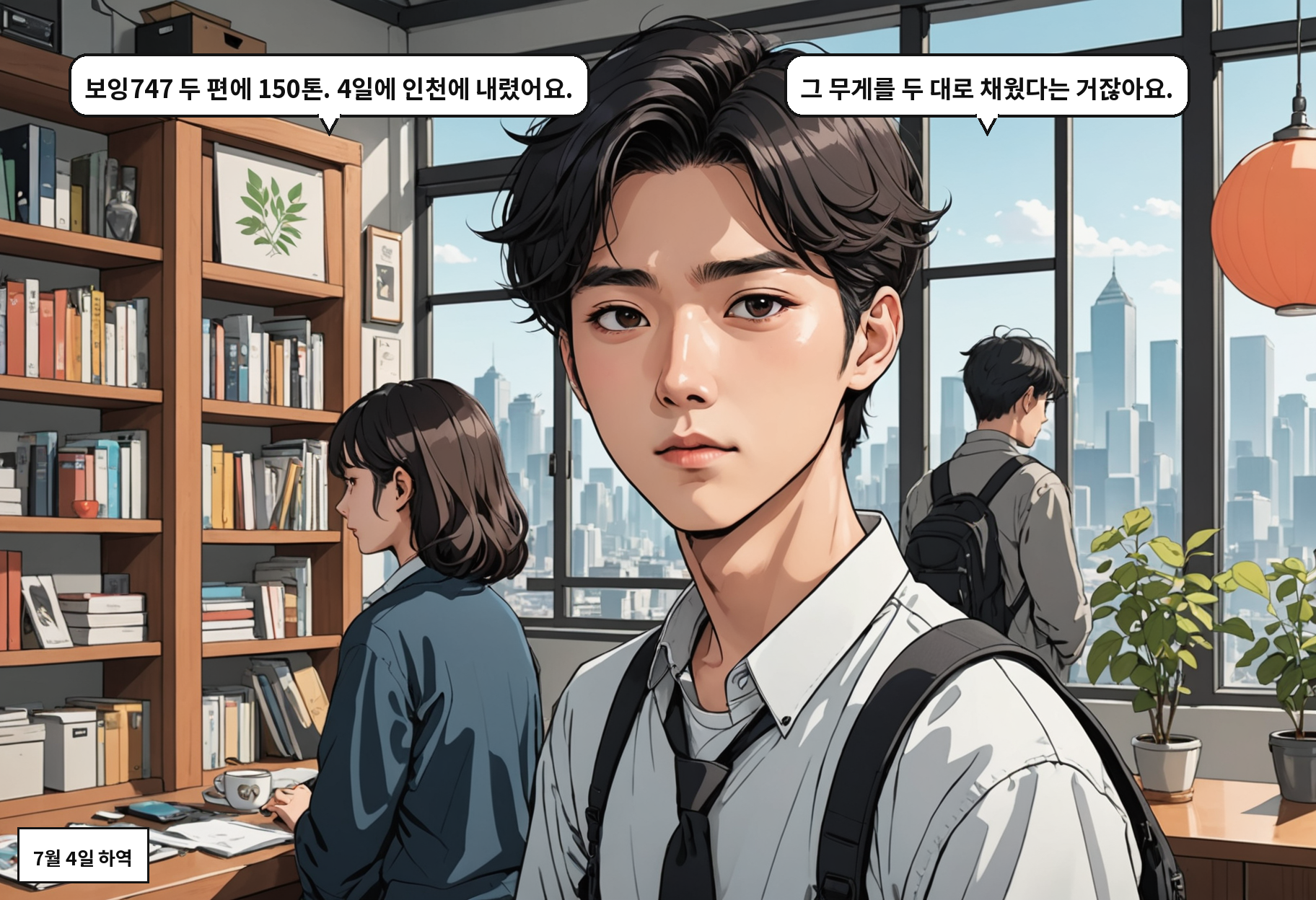 A: 보잉747 두 편에 150톤. 4일에 인천에 내렸어요. B: 그 무게를 두 대로 채웠다는 거잖아요.