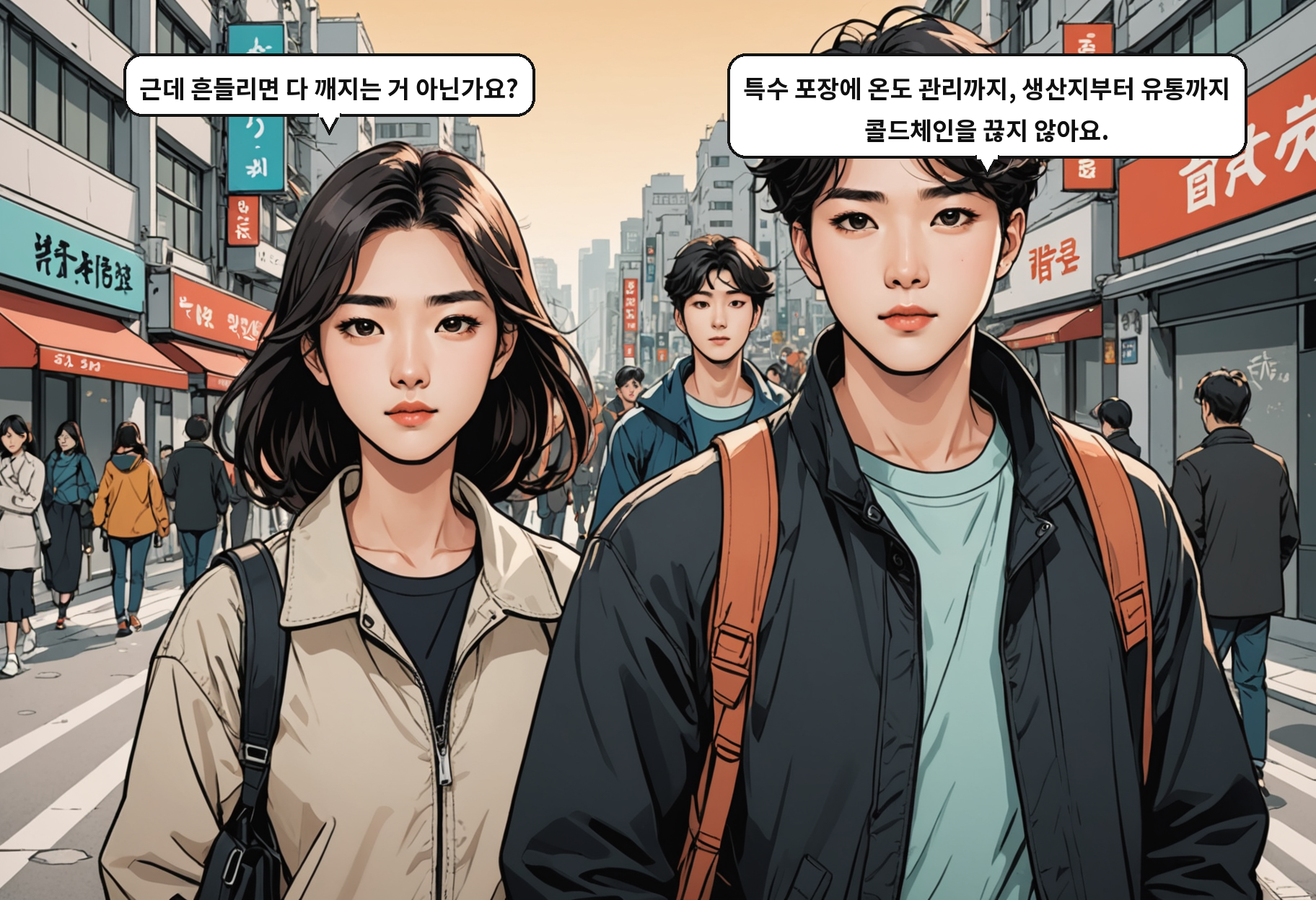 B: 근데 흔들리면 다 깨지는 거 아닌가요? A: 특수 포장에 온도 관리까지, 생산지부터 유통까지 콜드체인을 끊지 않아요.