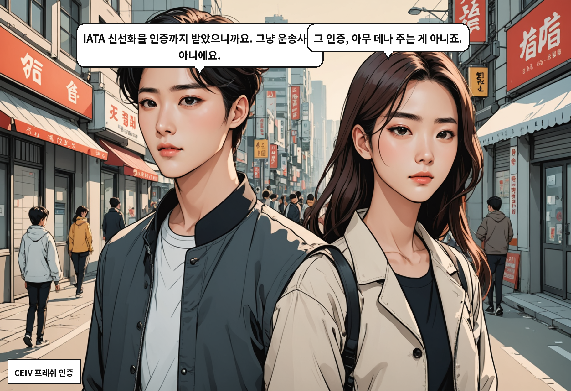 A: IATA 신선화물 인증까지 받았으니까요. 그냥 운송사가 아니에요. B: 그 인증, 아무 데나 주는 게 아니죠.