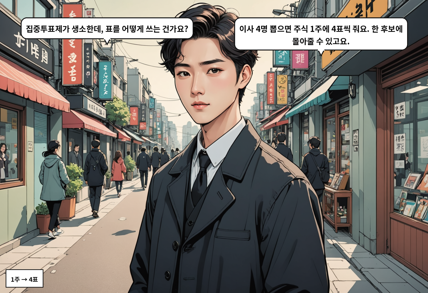 A: 집중투표제가 생소한데, 표를 어떻게 쓰는 건가요? B: 이사 4명 뽑으면 주식 1주에 4표씩 줘요. 한 후보에 몰아줄 수 있고요.