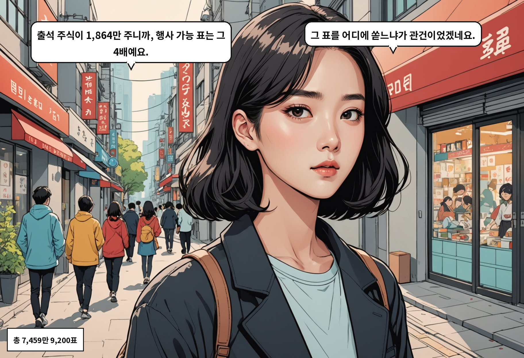 B: 출석 주식이 1,864만 주니까, 행사 가능 표는 그 4배예요. A: 그 표를 어디에 쏟느냐가 관건이었겠네요.