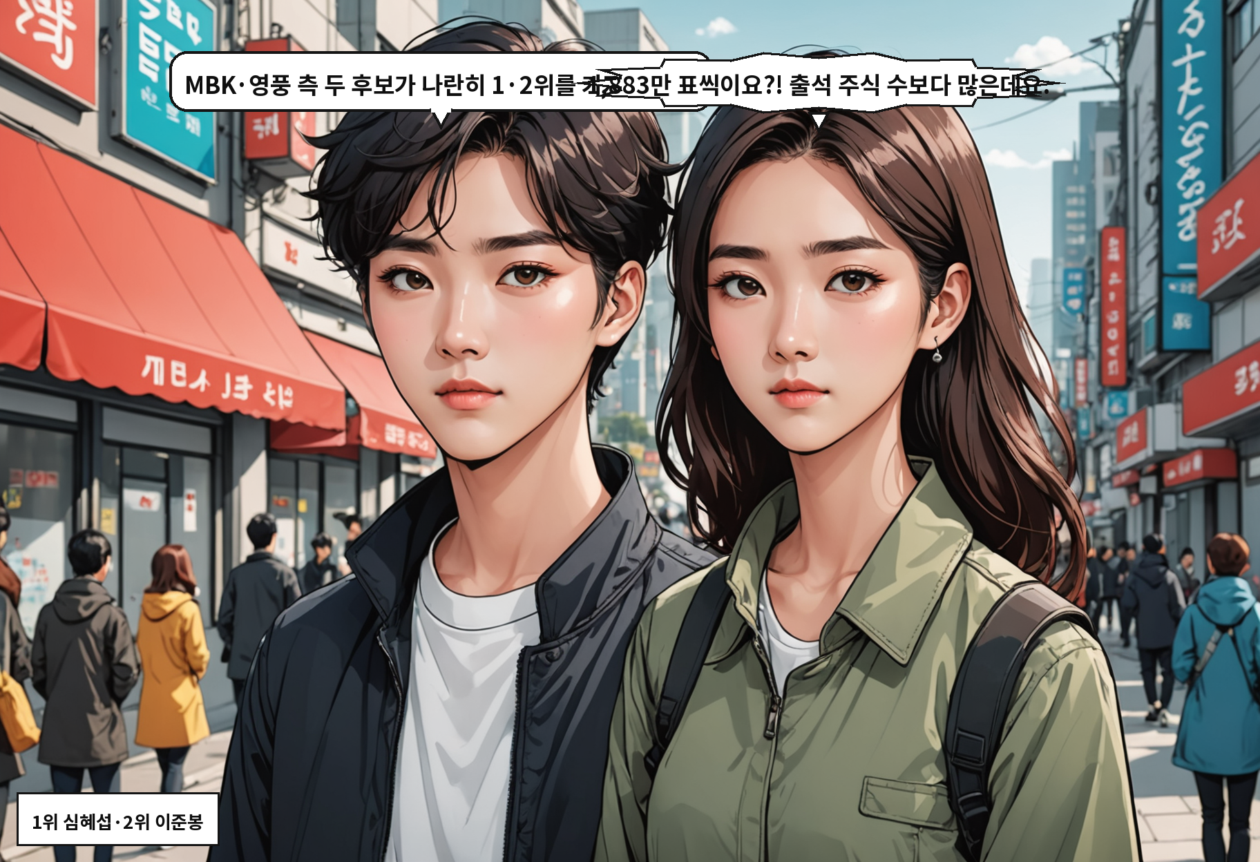 B: MBK·영풍 측 두 후보가 나란히 1·2위를 가져갔어요. A: 1,883만 표씩이요?! 출석 주식 수보다 많은데요.