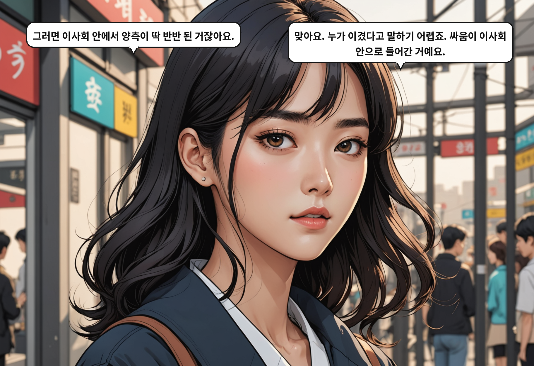 A: 그러면 이사회 안에서 양측이 딱 반반 된 거잖아요. B: 맞아요. 누가 이겼다고 말하기 어렵죠. 싸움이 이사회 안으로 들어간 거예요.