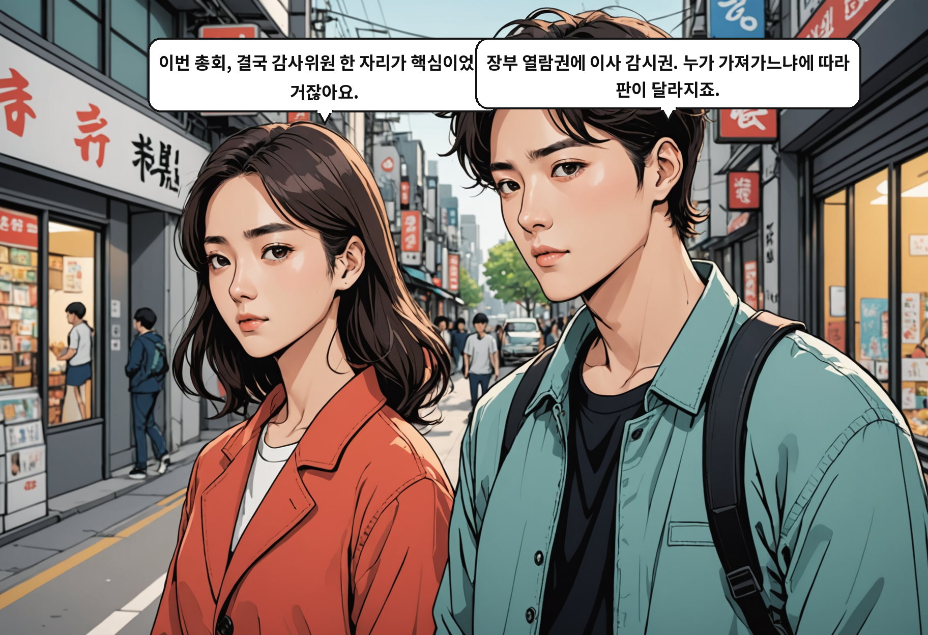 A: 이번 총회, 결국 감사위원 한 자리가 핵심이었던 거잖아요. B: 장부 열람권에 이사 감시권. 누가 가져가느냐에 따라 판이 달라지죠.