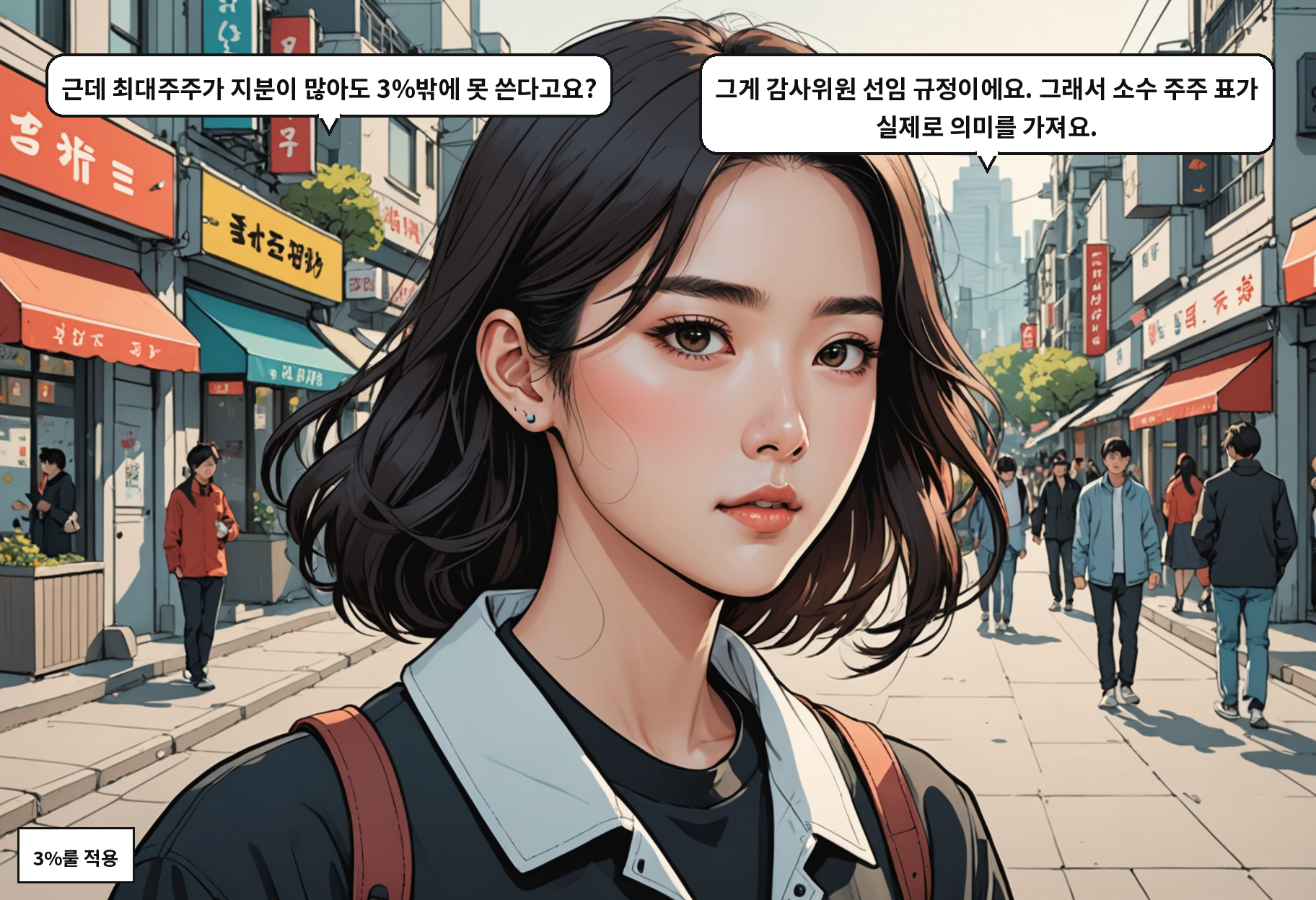 A: 근데 최대주주가 지분이 많아도 3%밖에 못 쓴다고요? B: 그게 감사위원 선임 규정이에요. 그래서 소수 주주 표가 실제로 의미를 가져요.