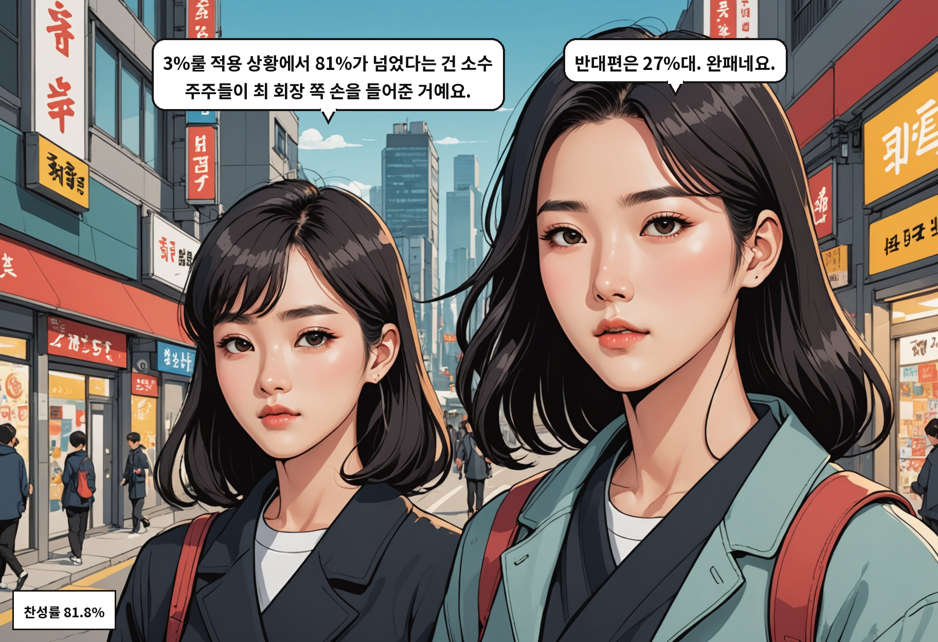 B: 3%룰 적용 상황에서 81%가 넘었다는 건 소수 주주들이 최 회장 쪽 손을 들어준 거예요. A: 반대편은 27%대. 완패네요.
