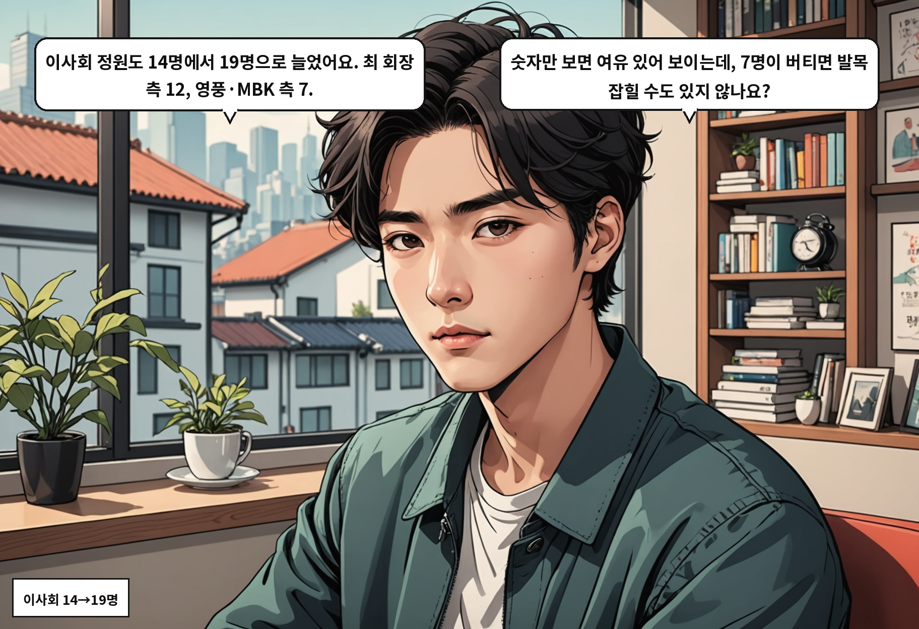 B: 이사회 정원도 14명에서 19명으로 늘었어요. 최 회장 측 12, 영풍·MBK 측 7. A: 숫자만 보면 여유 있어 보이는데, 7명이 버티면 발목 잡힐 수도 있지 않나요?