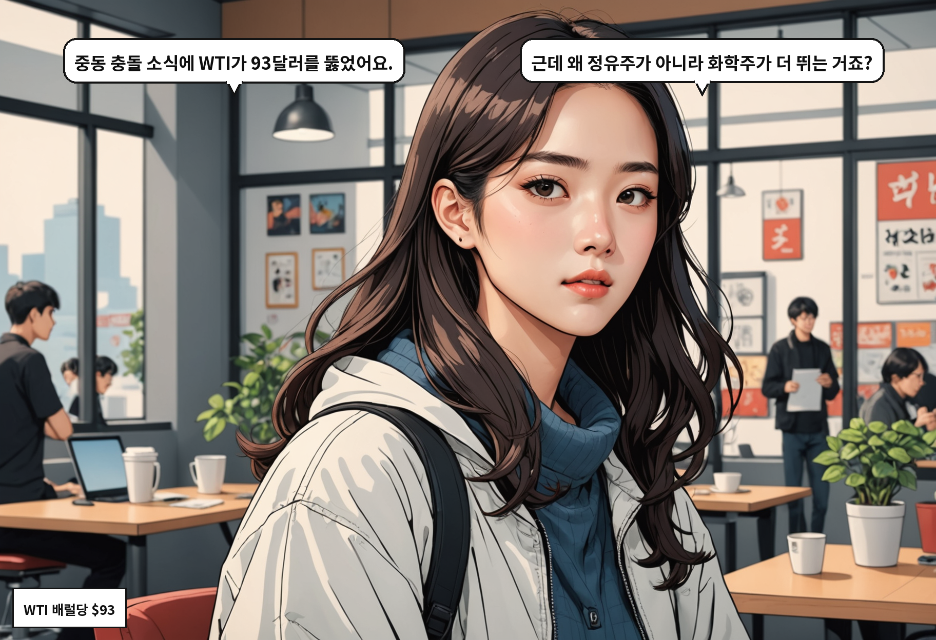 B: 중동 충돌 소식에 WTI가 93달러를 뚫었어요. A: 근데 왜 정유주가 아니라 화학주가 더 뛰는 거죠?