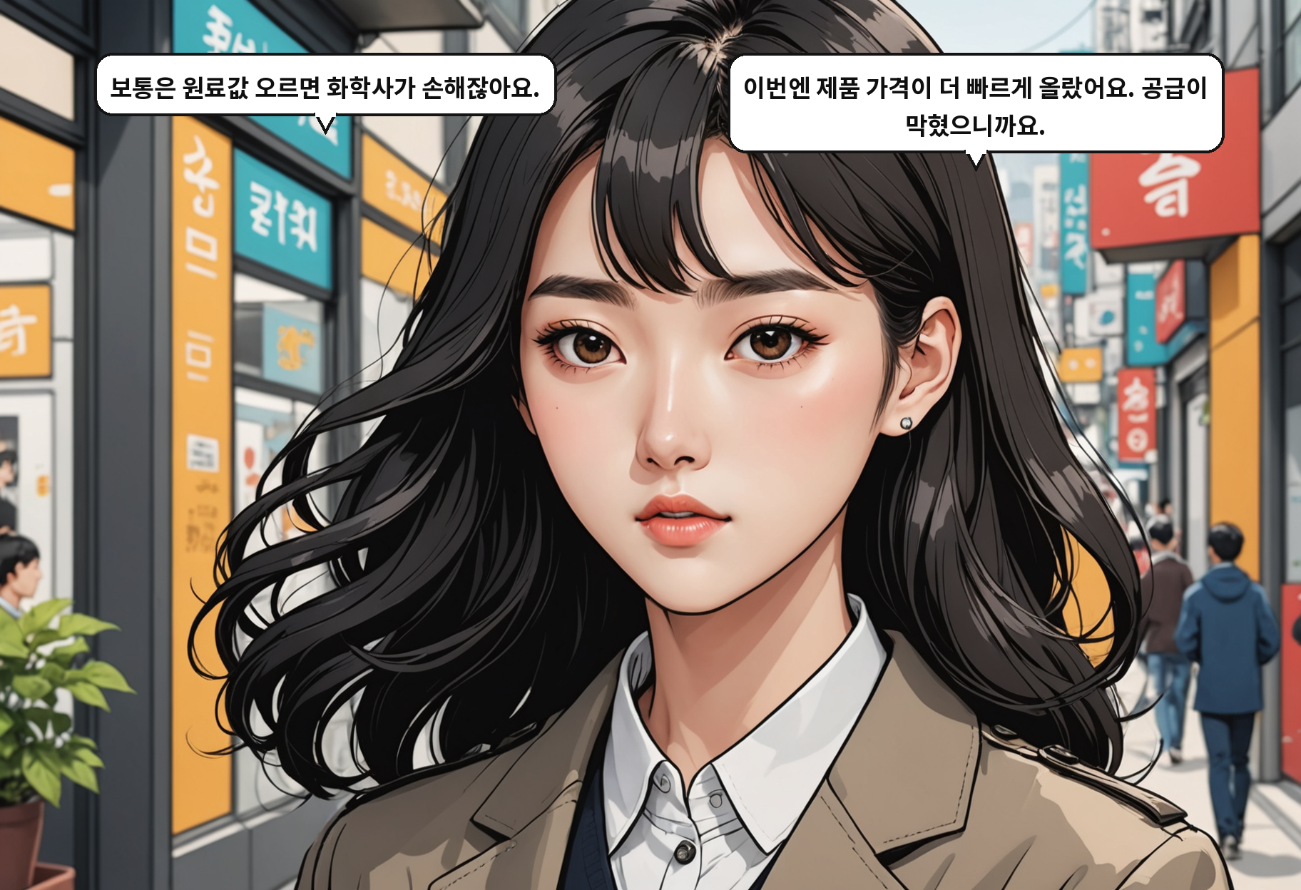 A: 보통은 원료값 오르면 화학사가 손해잖아요. B: 이번엔 제품 가격이 더 빠르게 올랐어요. 공급이 막혔으니까요.