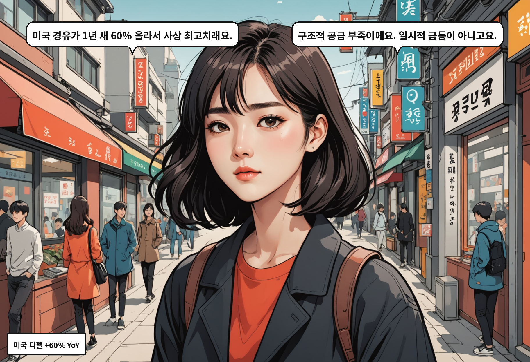 A: 미국 경유가 1년 새 60% 올라서 사상 최고치래요. B: 구조적 공급 부족이에요. 일시적 급등이 아니고요.
