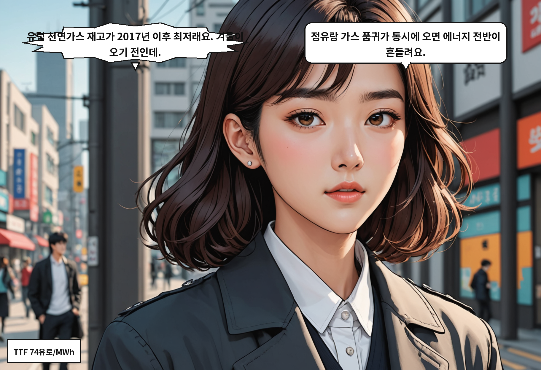 A: 유럽 천연가스 재고가 2017년 이후 최저래요. 겨울이 오기 전인데. B: 정유랑 가스 품귀가 동시에 오면 에너지 전반이 흔들려요.