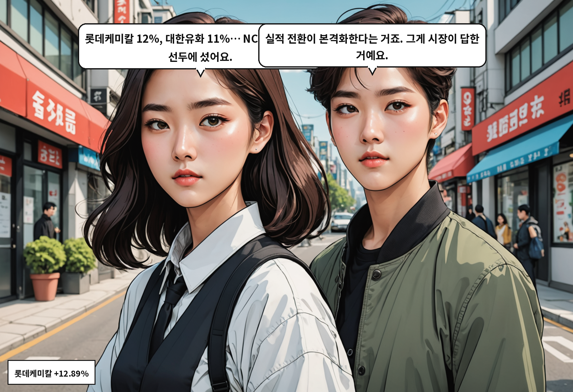 A: 롯데케미칼 12%, 대한유화 11%… NCC 대표주들이 선두에 섰어요. B: 실적 전환이 본격화한다는 거죠. 그게 시장이 답한 거예요.