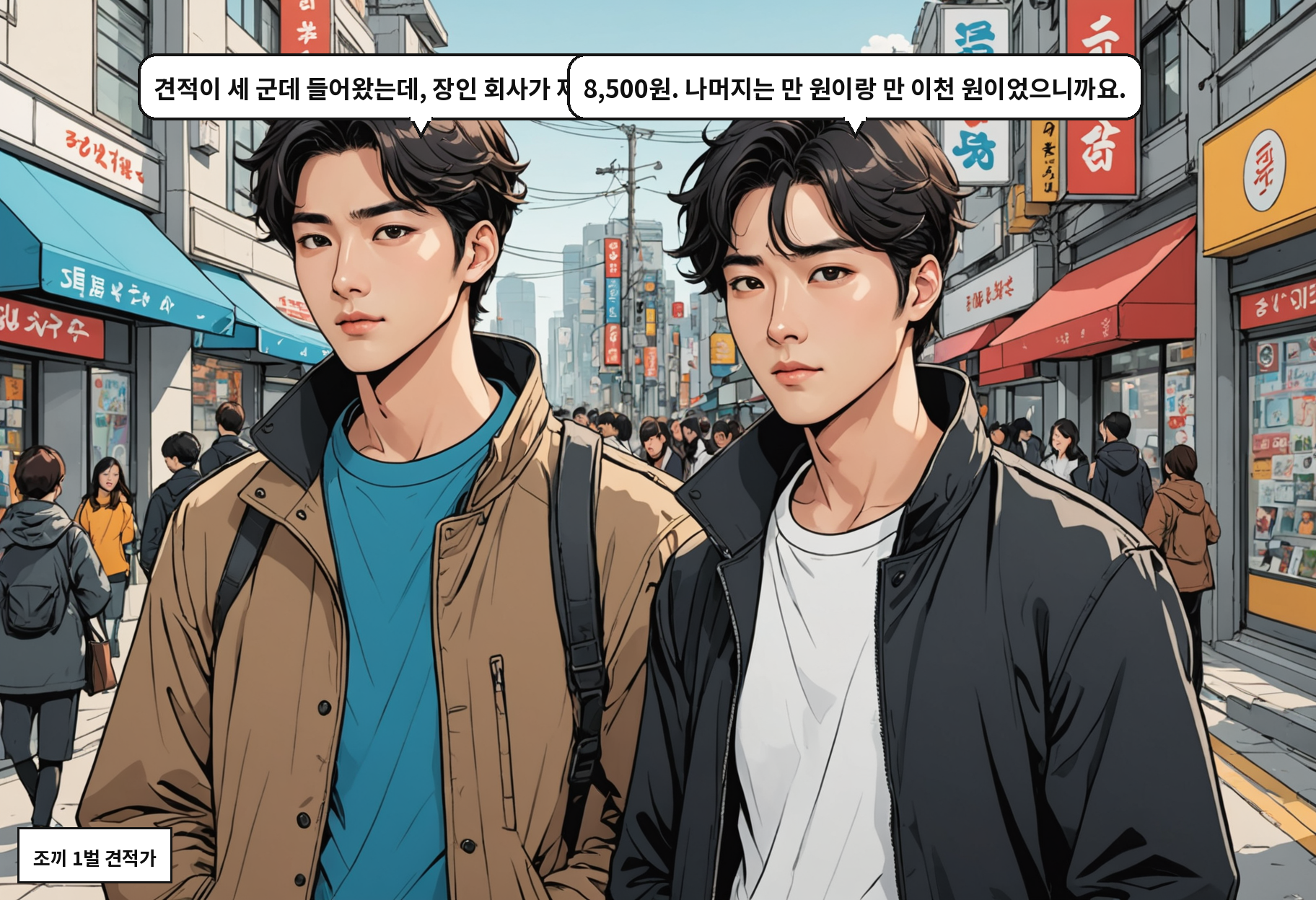 A: 견적이 세 군데 들어왔는데, 장인 회사가 제일 쌌어요? B: 8,500원. 나머지는 만 원이랑 만 이천 원이었으니까요.