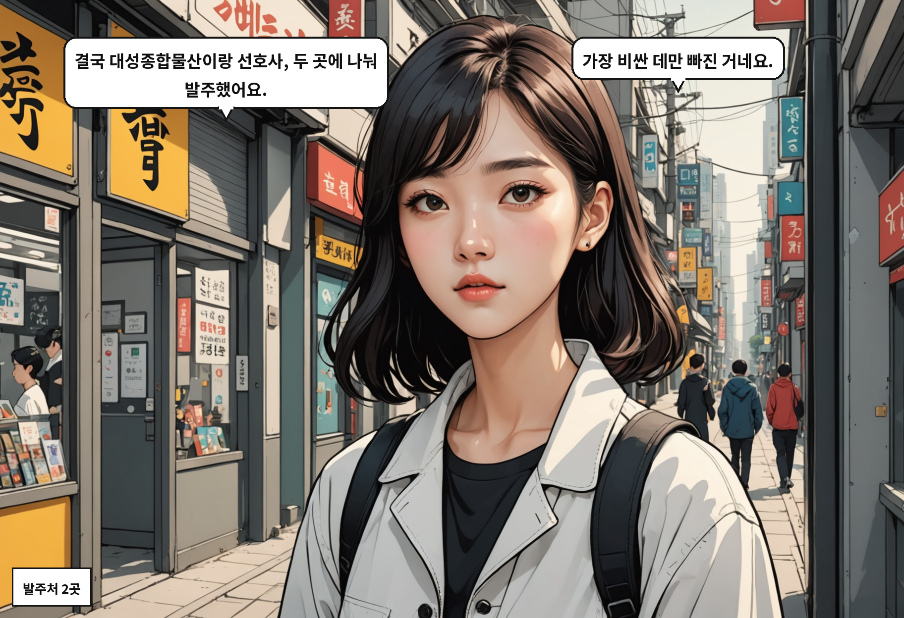 B: 결국 대성종합물산이랑 선호사, 두 곳에 나눠 발주했어요. A: 가장 비싼 데만 빠진 거네요.