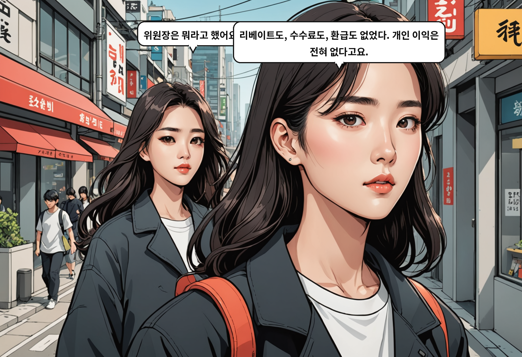 A: 위원장은 뭐라고 했어요? B: 리베이트도, 수수료도, 환급도 없었다. 개인 이익은 전혀 없다고요.