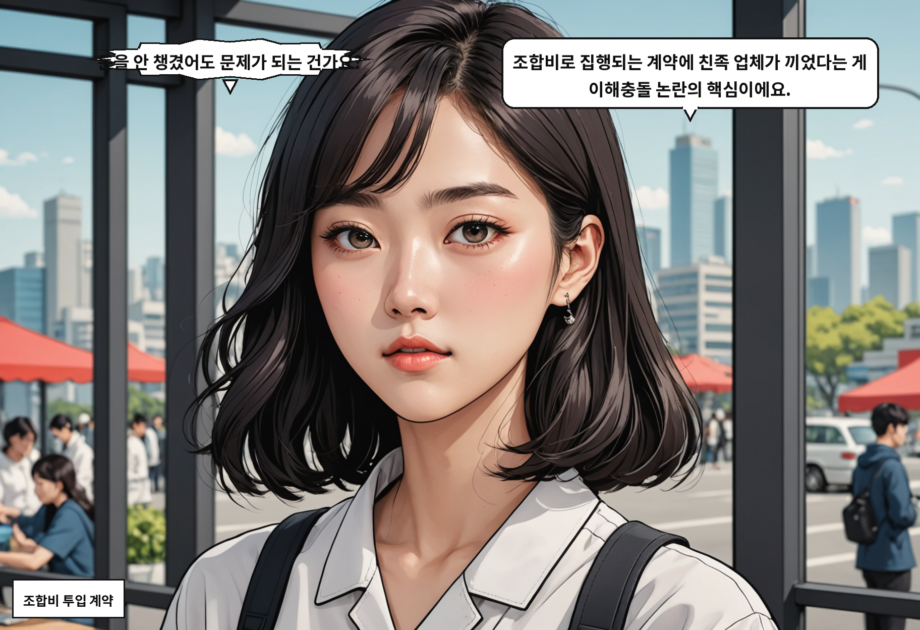 A: 돈을 안 챙겼어도 문제가 되는 건가요? B: 조합비로 집행되는 계약에 친족 업체가 끼었다는 게 이해충돌 논란의 핵심이에요.