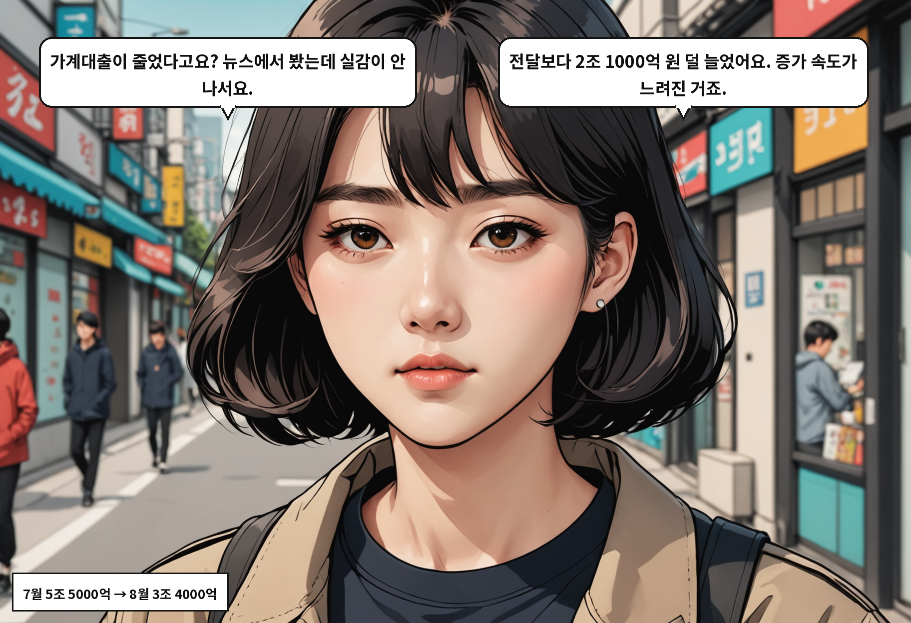 A: 가계대출이 줄었다고요? 뉴스에서 봤는데 실감이 안 나서요. B: 전달보다 2조 1000억 원 덜 늘었어요. 증가 속도가 느려진 거죠.