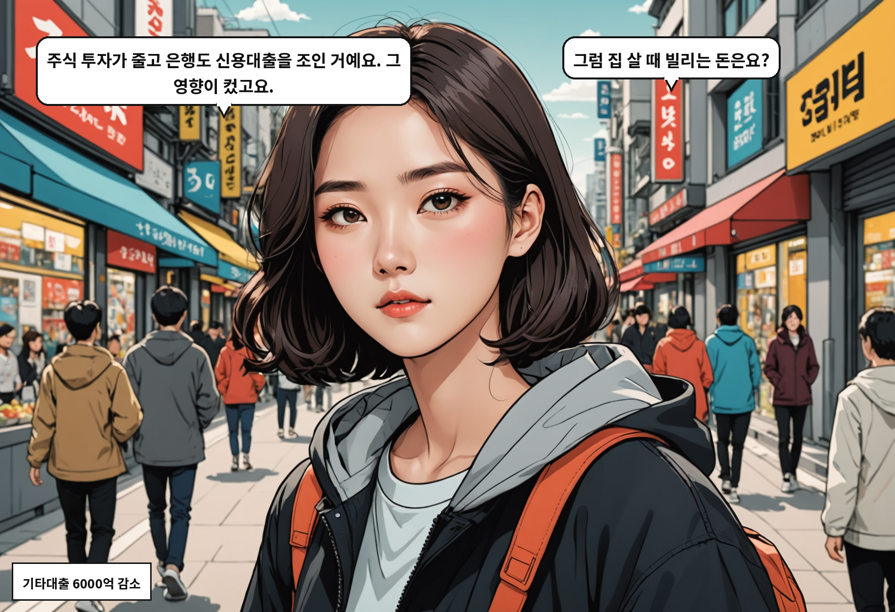 B: 주식 투자가 줄고 은행도 신용대출을 조인 거예요. 그 영향이 컸고요. A: 그럼 집 살 때 빌리는 돈은요?