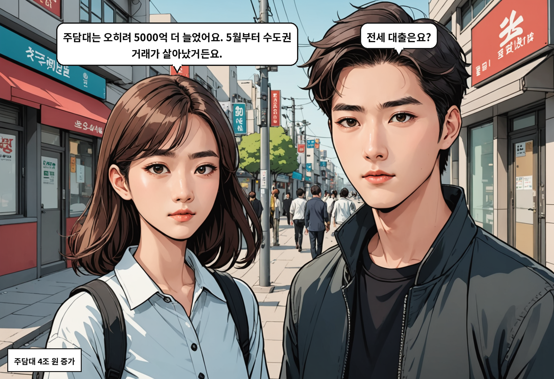 B: 주담대는 오히려 5000억 더 늘었어요. 5월부터 수도권 거래가 살아났거든요. A: 전세 대출은요?