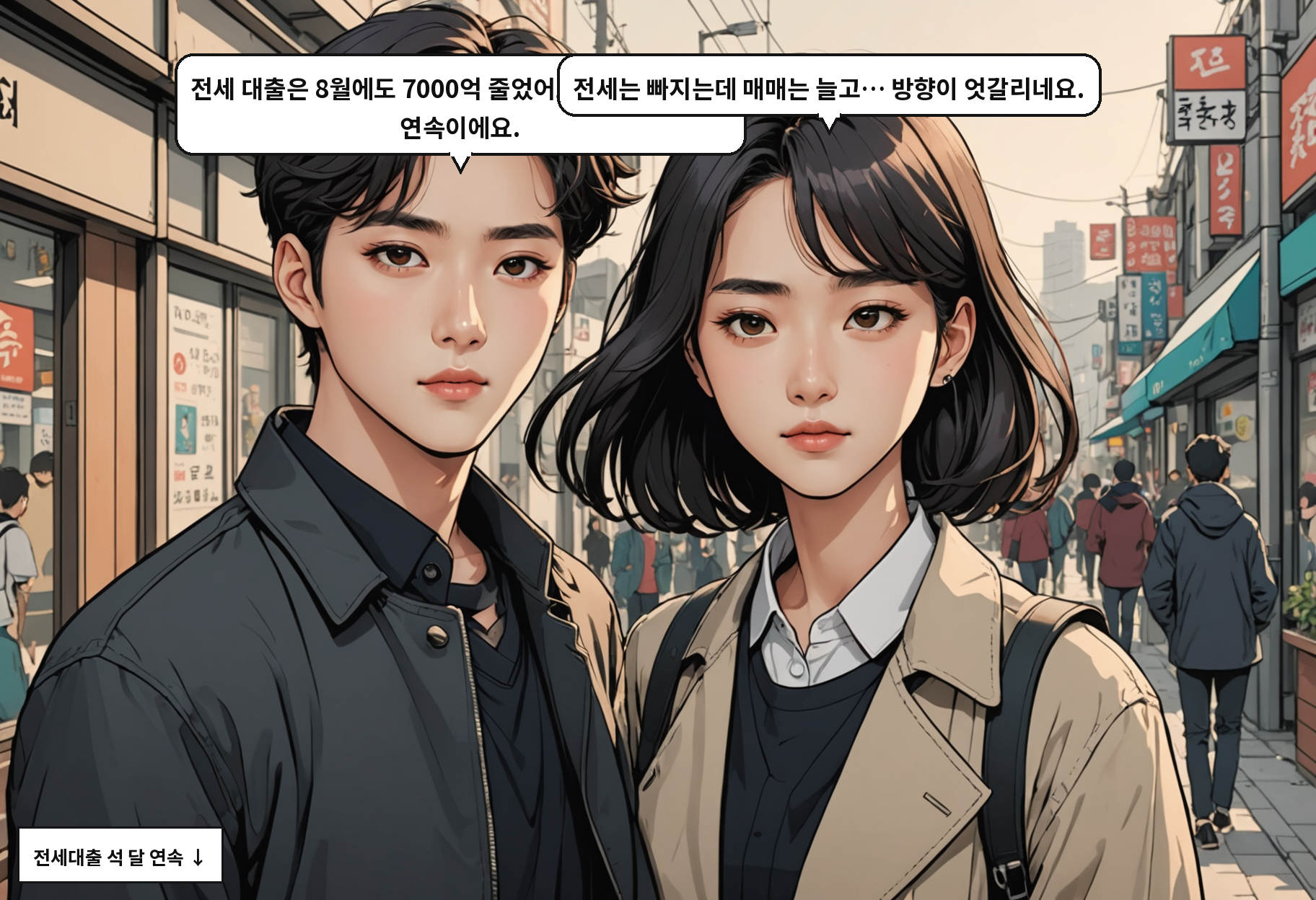 B: 전세 대출은 8월에도 7000억 줄었어요. 6월부터 석 달 연속이에요. A: 전세는 빠지는데 매매는 늘고… 방향이 엇갈리네요.