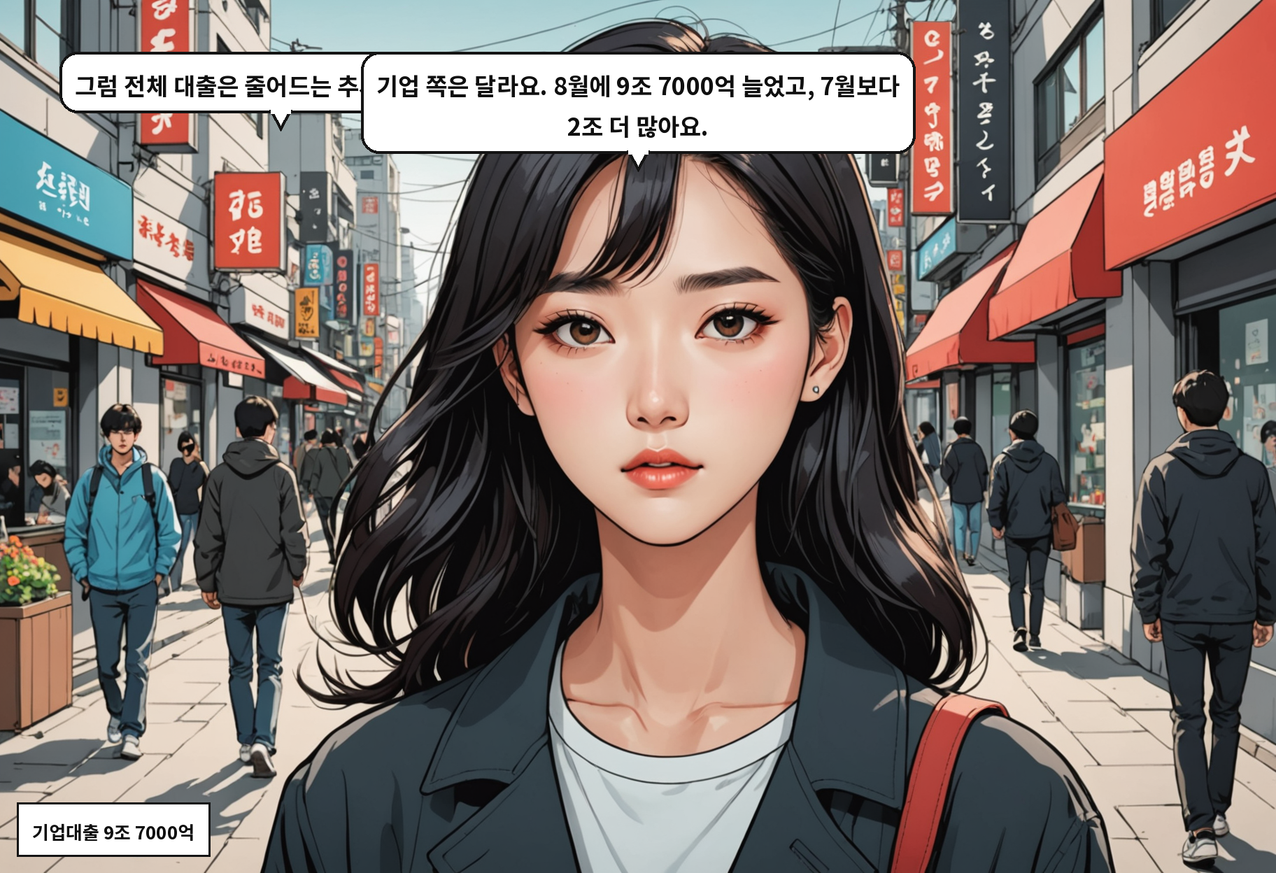 A: 그럼 전체 대출은 줄어드는 추세 아닌가요? B: 기업 쪽은 달라요. 8월에 9조 7000억 늘었고, 7월보다 2조 더 많아요.