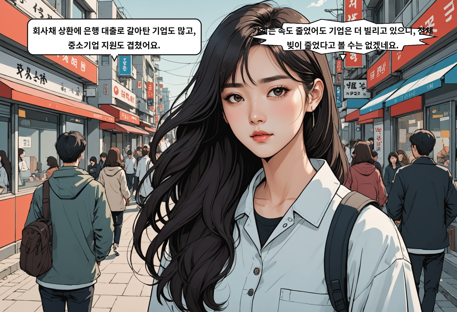 B: 회사채 상환에 은행 대출로 갈아탄 기업도 많고, 중소기업 지원도 겹쳤어요. A: 가계는 속도 줄었어도 기업은 더 빌리고 있으니, 전체 빚이 줄었다고 볼 수는 없겠네요.