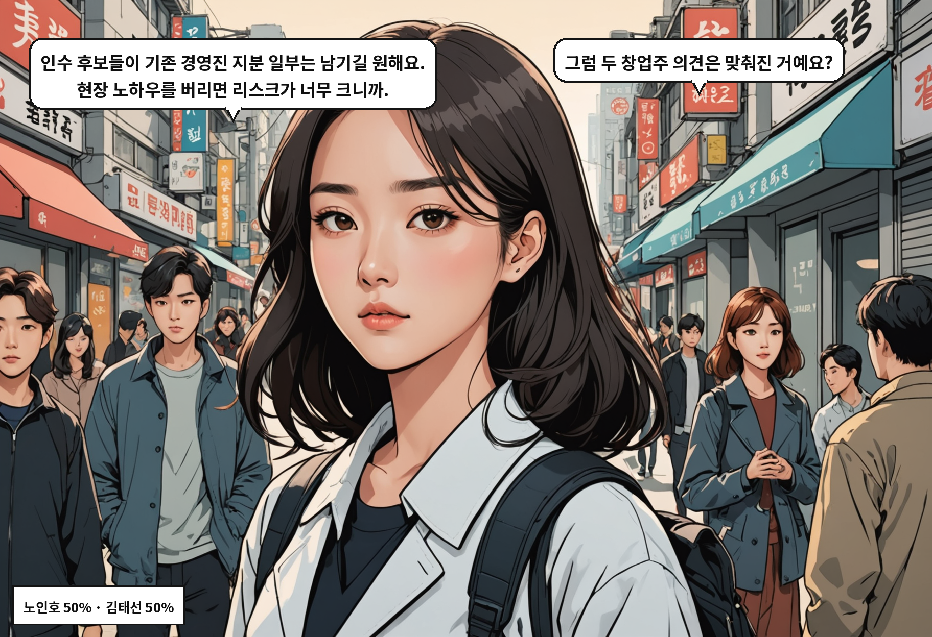 B: 인수 후보들이 기존 경영진 지분 일부는 남기길 원해요. 현장 노하우를 버리면 리스크가 너무 크니까. A: 그럼 두 창업주 의견은 맞춰진 거예요?