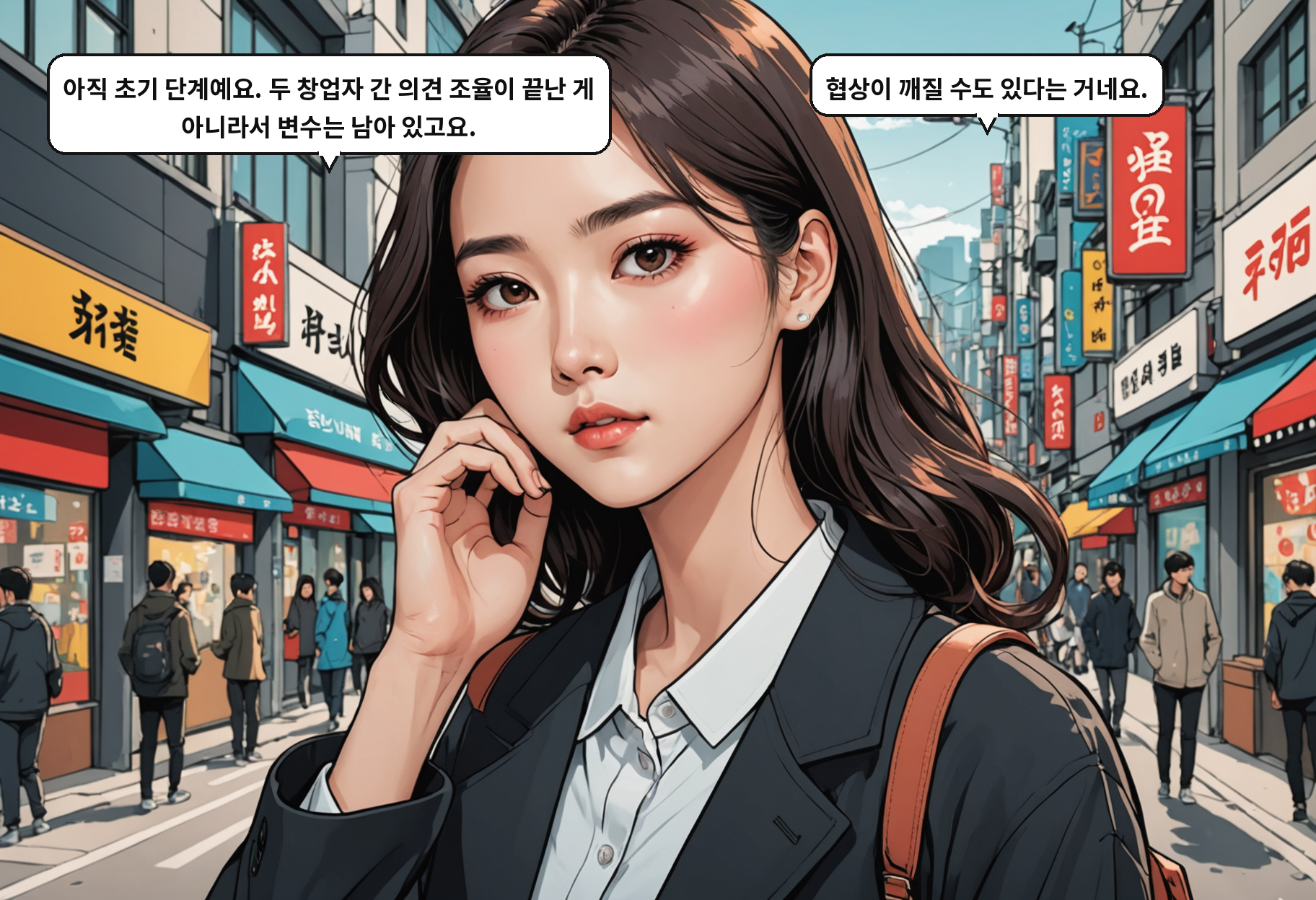 B: 아직 초기 단계예요. 두 창업자 간 의견 조율이 끝난 게 아니라서 변수는 남아 있고요. A: 협상이 깨질 수도 있다는 거네요.