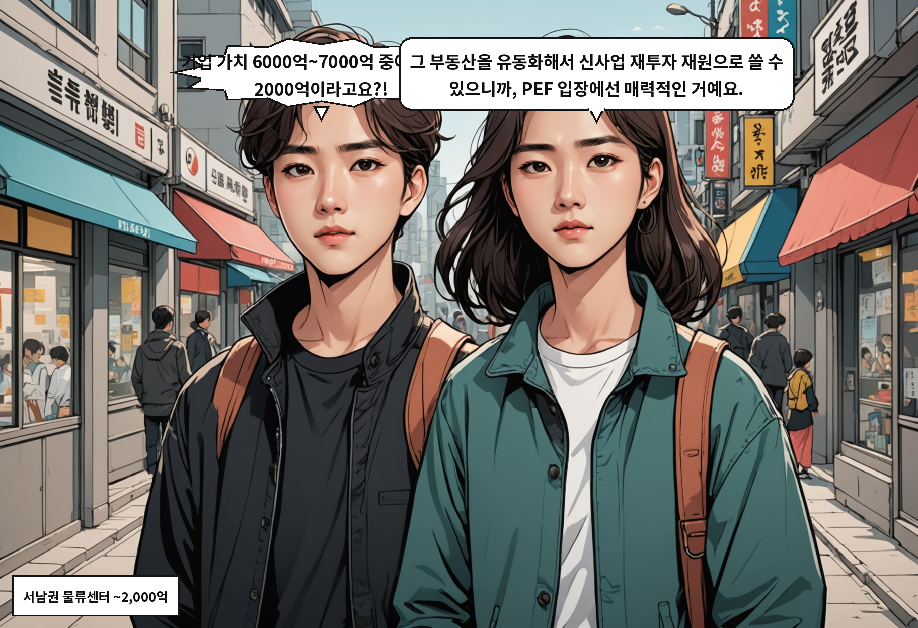 A: 기업 가치 6000억~7000억 중에 땅값만 2000억이라고요?! B: 그 부동산을 유동화해서 신사업 재투자 재원으로 쓸 수 있으니까, PEF 입장에선 매력적인 거예요.