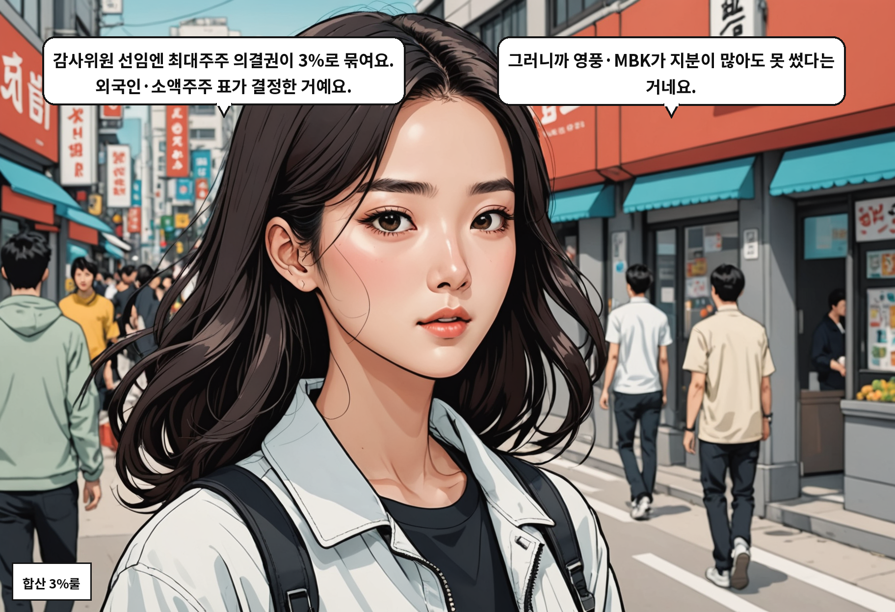 B: 감사위원 선임엔 최대주주 의결권이 3%로 묶여요. 외국인·소액주주 표가 결정한 거예요. A: 그러니까 영풍·MBK가 지분이 많아도 못 썼다는 거네요.