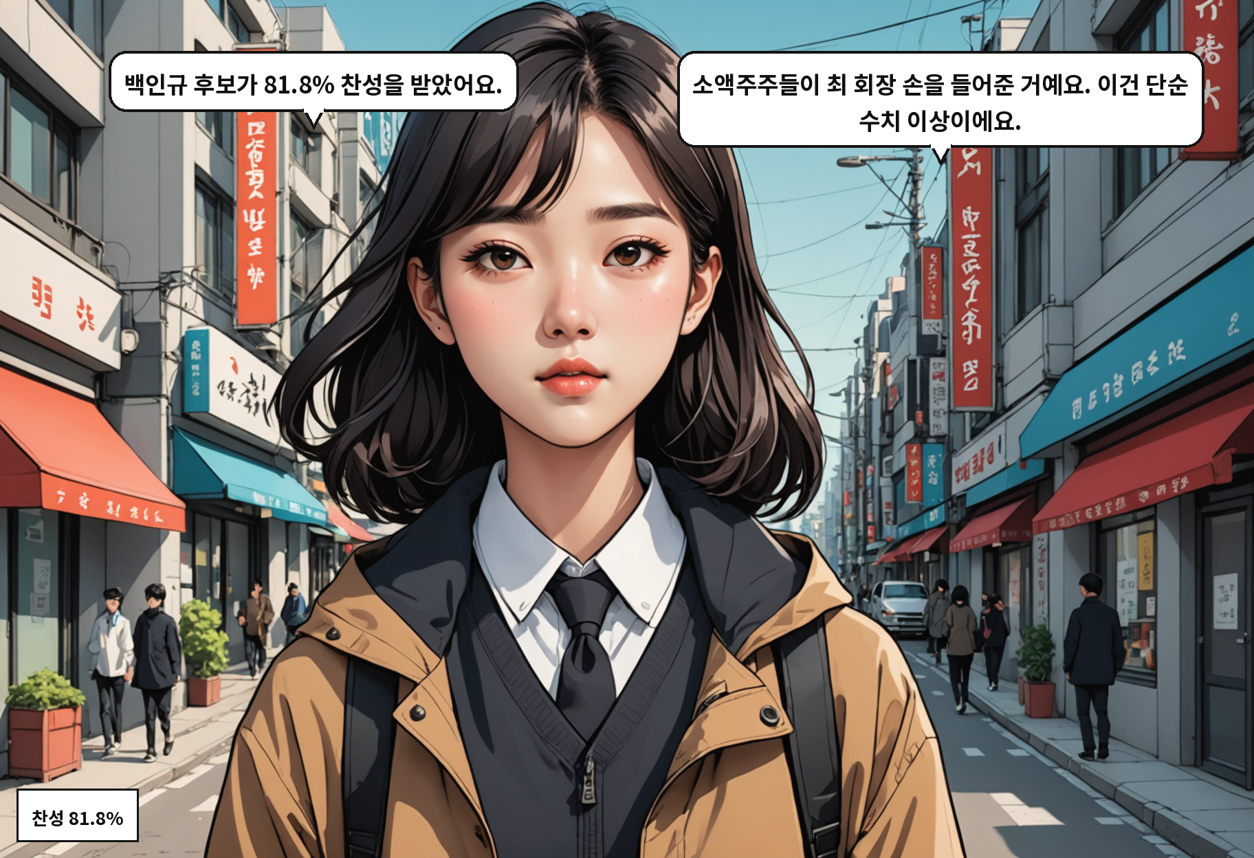 A: 백인규 후보가 81.8% 찬성을 받았어요. B: 소액주주들이 최 회장 손을 들어준 거예요. 이건 단순 수치 이상이에요.