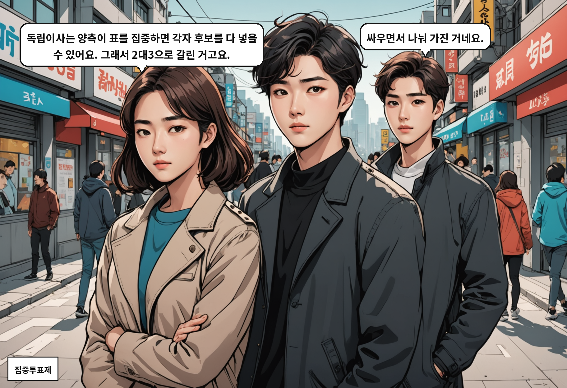 B: 독립이사는 양측이 표를 집중하면 각자 후보를 다 넣을 수 있어요. 그래서 2대3으로 갈린 거고요. A: 싸우면서 나눠 가진 거네요.
