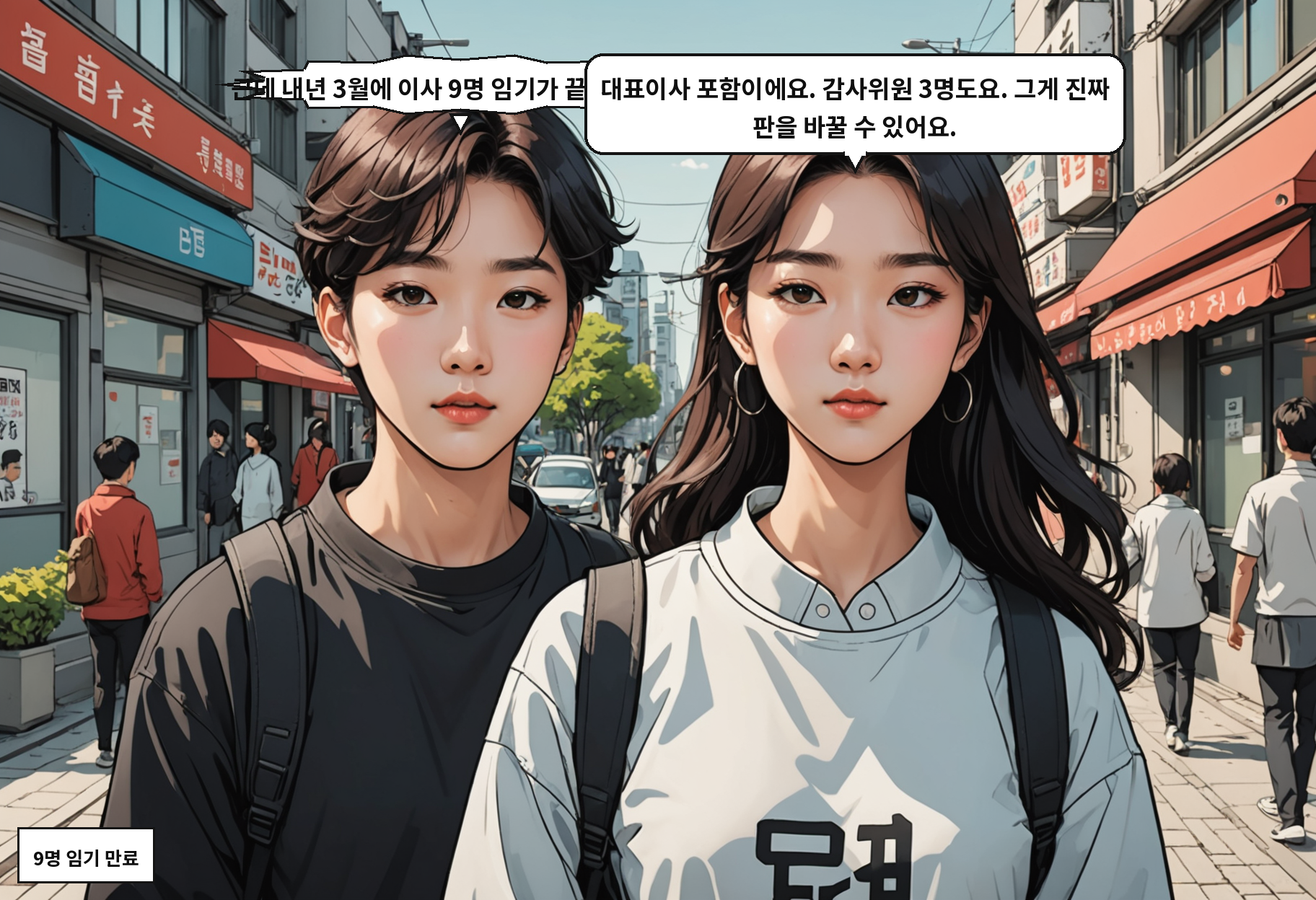A: 근데 내년 3월에 이사 9명 임기가 끝난다고요? B: 대표이사 포함이에요. 감사위원 3명도요. 그게 진짜 판을 바꿀 수 있어요.