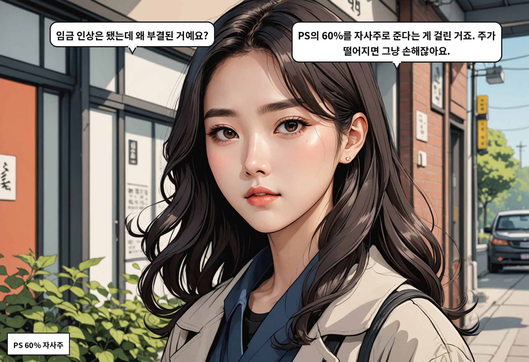 A: 임금 인상은 됐는데 왜 부결된 거예요? B: PS의 60%를 자사주로 준다는 게 걸린 거죠. 주가 떨어지면 그냥 손해잖아요.