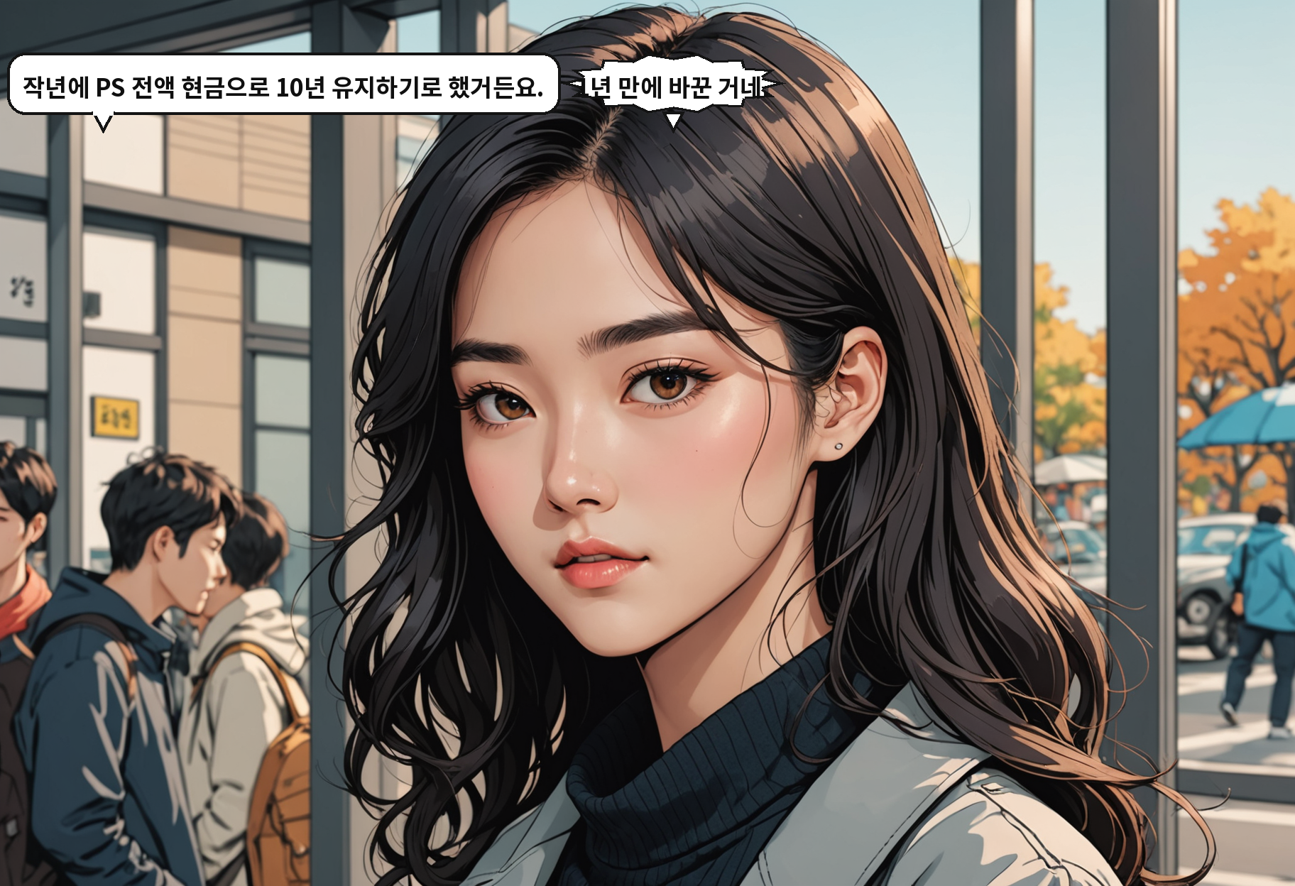 B: 작년에 PS 전액 현금으로 10년 유지하기로 했거든요. A: 1년 만에 바꾼 거네.